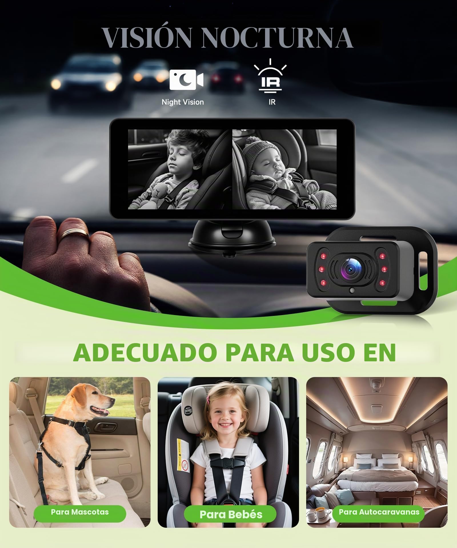 VECHTEL Dual Cámara Bebé Asiento Trasero HD 720P Espejo Retrovisor Bebé Coche Pantalla 6.86",Cámara de seguridad con visión nocturna giratoria de 360° para el espejo del asiento del coche
