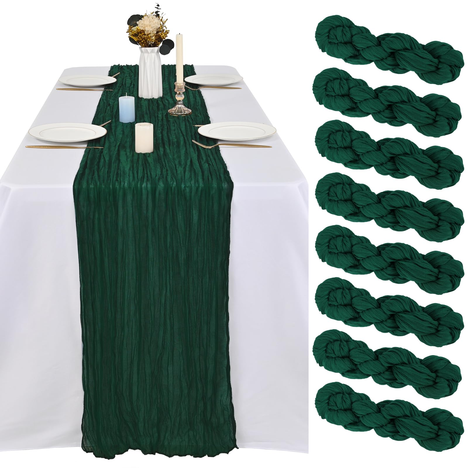 Chemin de table en étamine vert émeraude style bohème rustique de 3m - Pack de 8