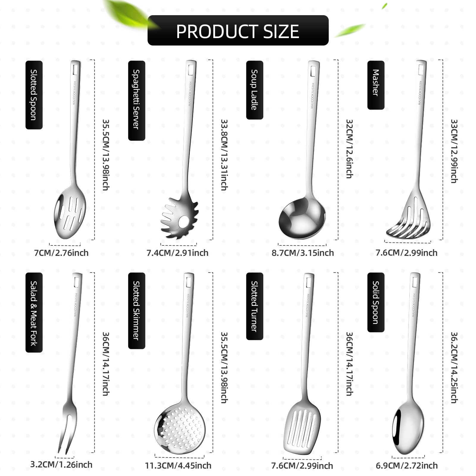Lot de 8 ustensiles de cuisine en acier inoxydable 18/8 - Écumoire durable - Louche - Cuillère de service pour la cuisine (passe au lave-vaisselle)