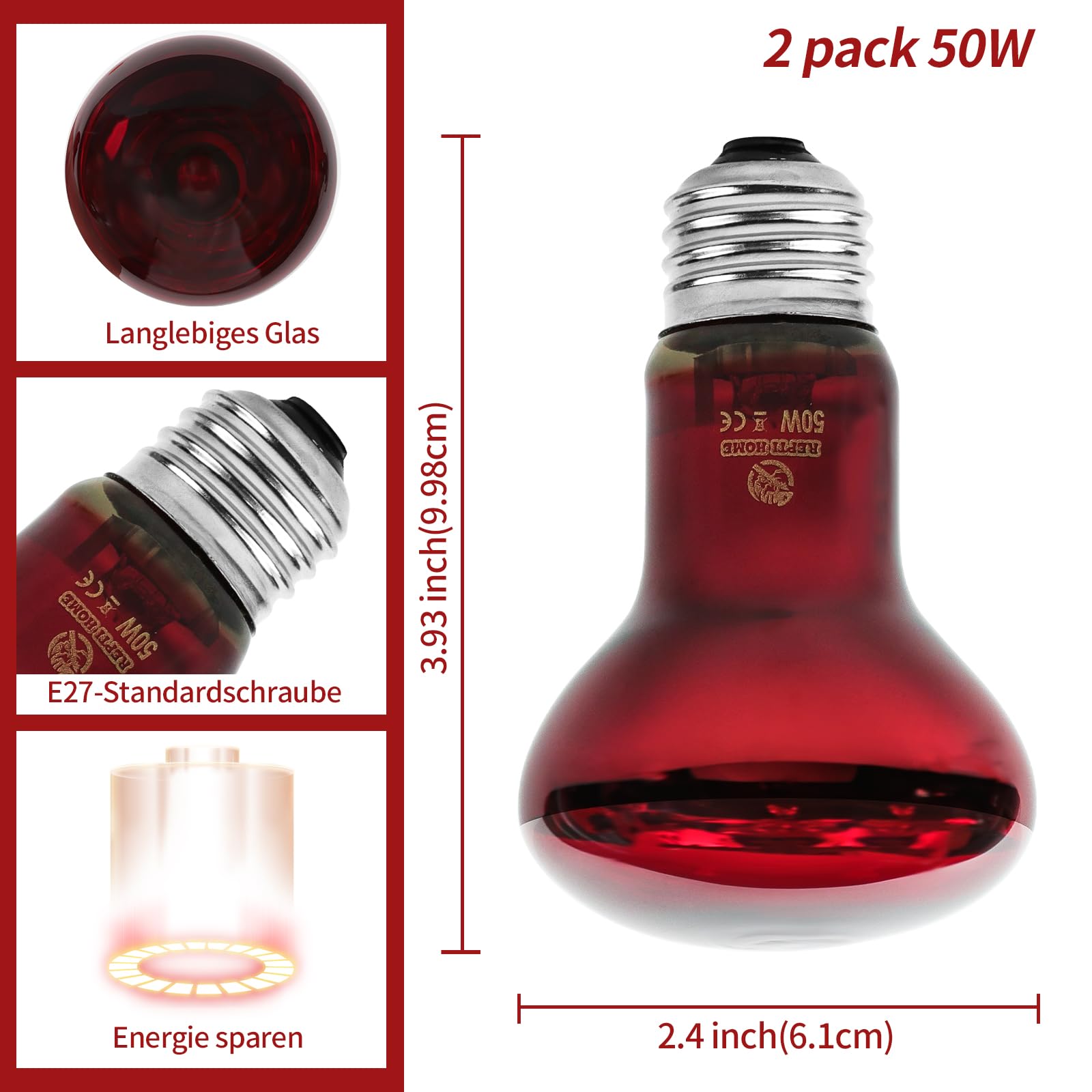 Lampe Chauffante Infrarouge Pour Reptiles, 2 Pièces de 50W Lampe Infrarouge Pour Reptiles Et Amphibiens, Lampe Chauffante Rouge Pour Poulailler, Tortue