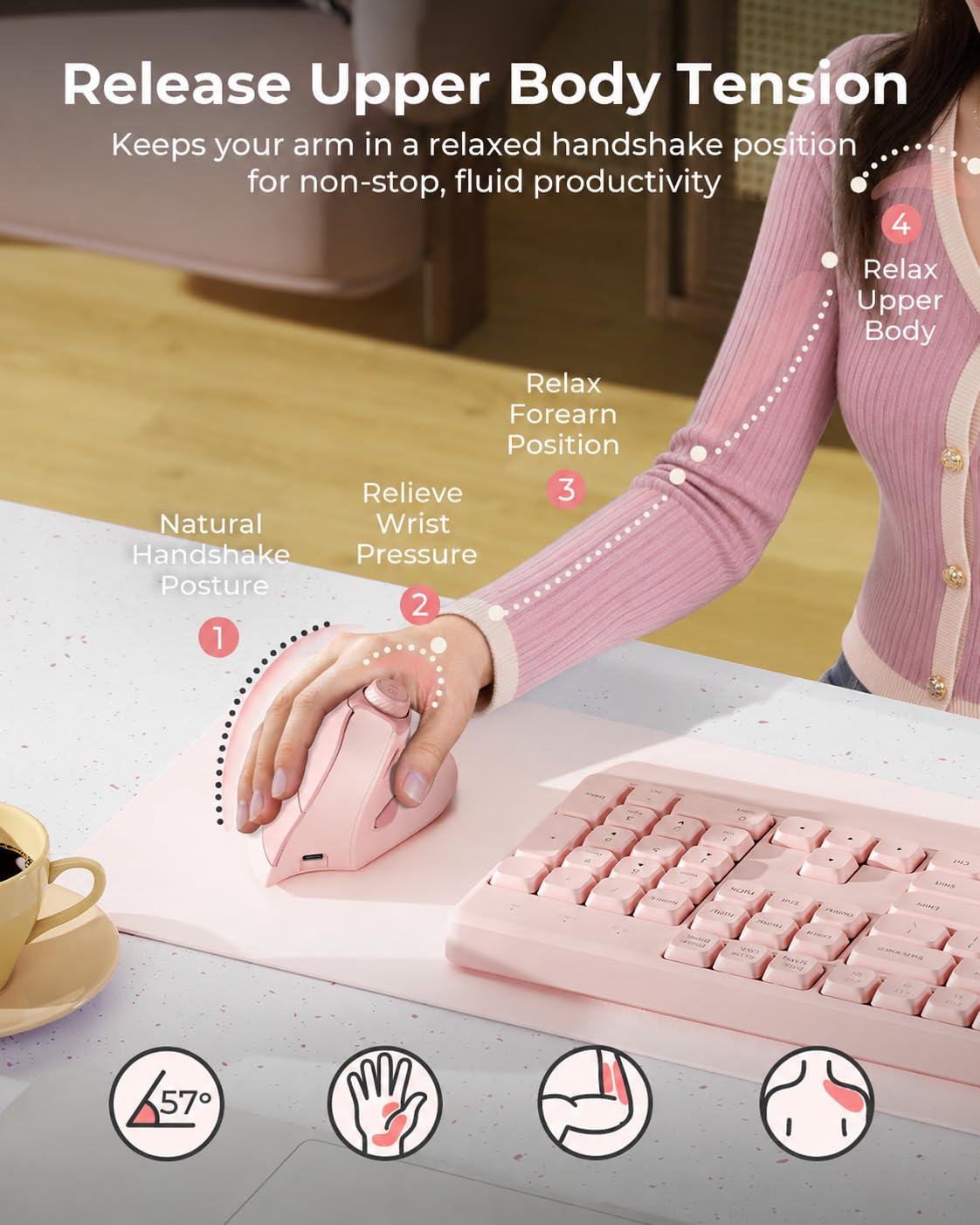 Ratón Ergonómico Inalámbrico, Ratón Vertical Recargable, Silencioso, con Botón de Volumen, Multi-Dispositivos (2*Bluetooth y USB), 3 dpi Ajustables para PC, Ordenador, Portátil, MacBook (Rosa)