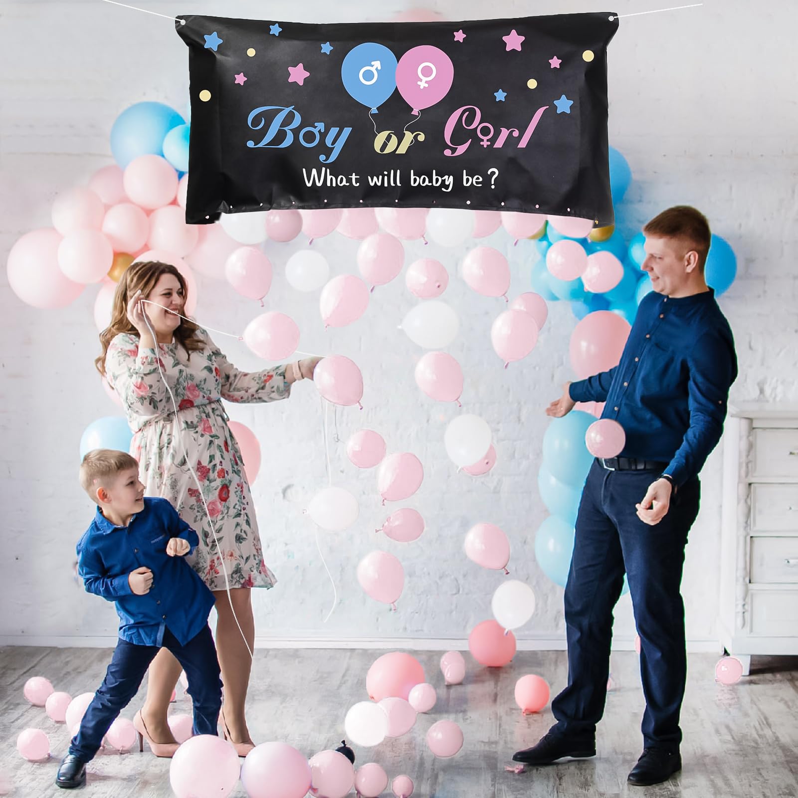 BLOOWIN Gender Reveal Giochi - Kit Baby Shower Con Borsa per Palloncini Party Boy or Girl - Balloon Drop Bag