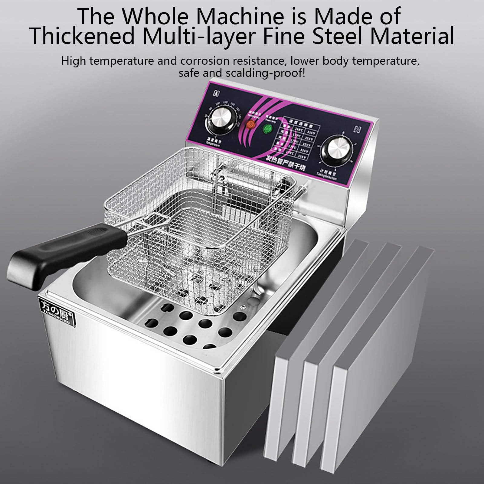 Friggitrice Commerciale con cestelli, friggitrice elettrica da banco in Acciaio Inossidabile per Uso Alimentare con Temperatura Regolabile, friggitrice con Timer, 8 Litri (8l)
