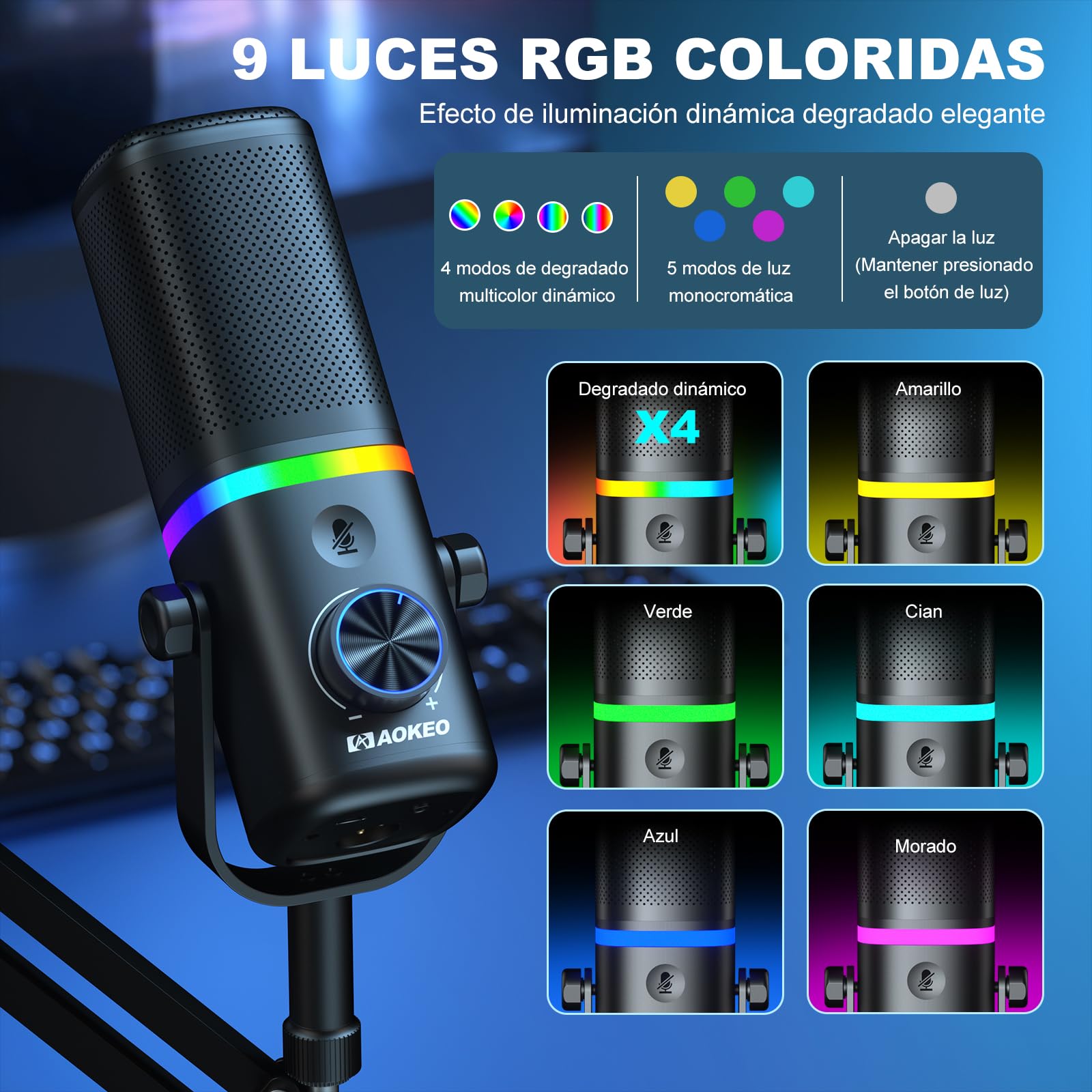 Aokeo AK-10 - Micrófono USB para Juegos con Brazo de micrófono, micrófono Condensador para PC/MAC/PS4/PS5/micrófono cardioide con iluminación RGB (Blanco)