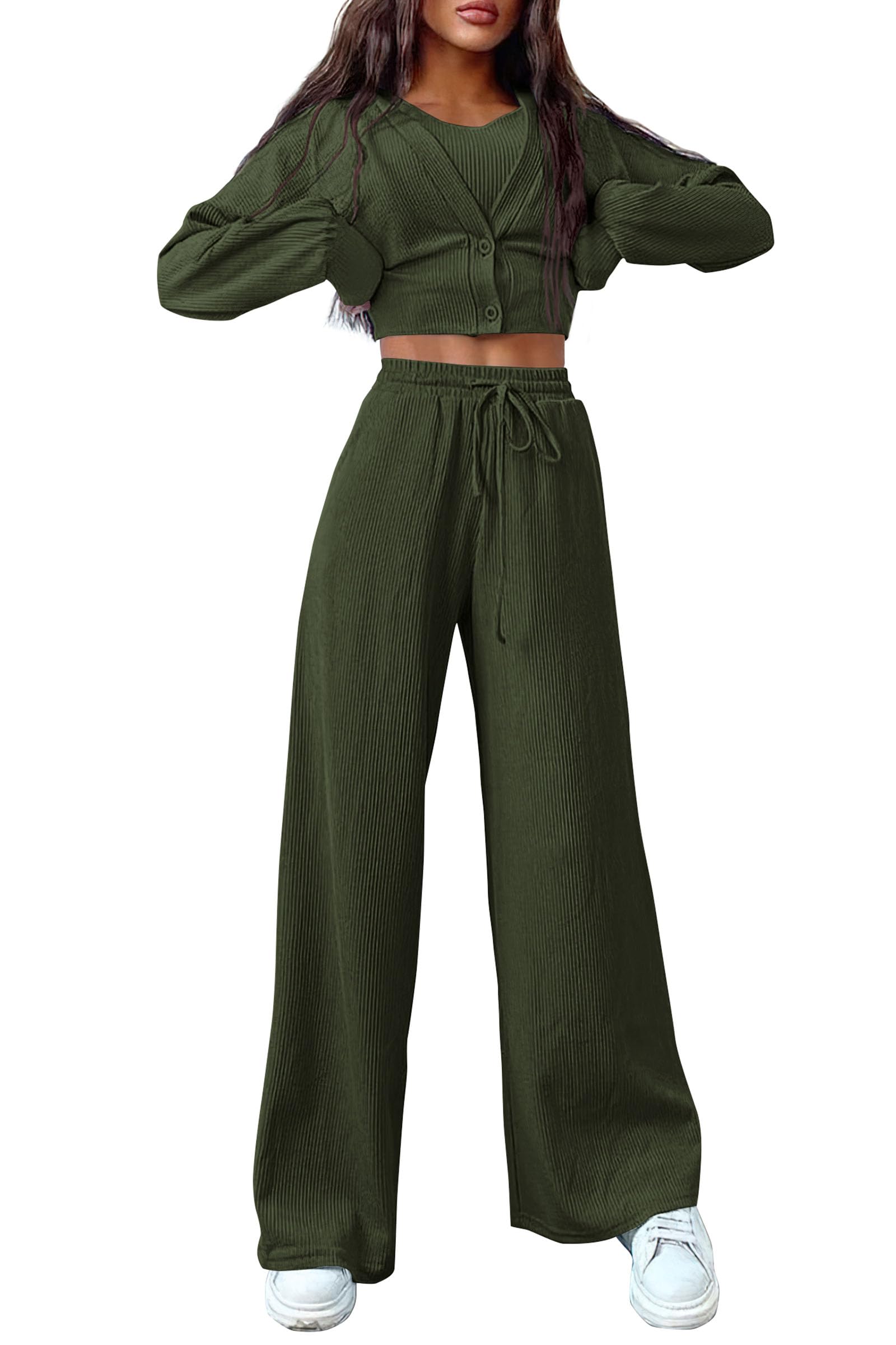 PRETTYGARDEN Womens 2024 Fall Track Suits 3 Piece Outfits Matching Sets Ribbed Knit Cardigan Cropped Tank Tops Wide Leg Pants (Army Green,Medium)