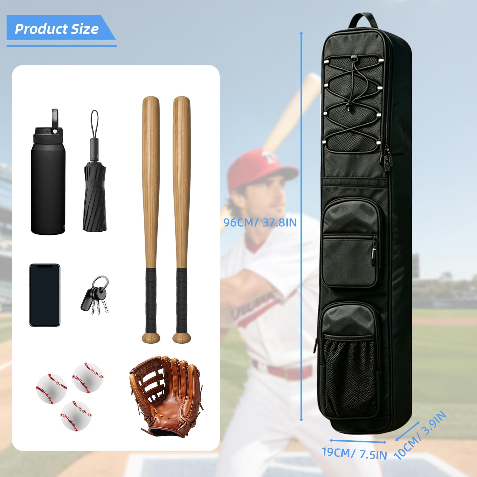 Baseball-Tasche für 3-4 Schläger, mit Zaunhaken und verstellbarem Schultergurt