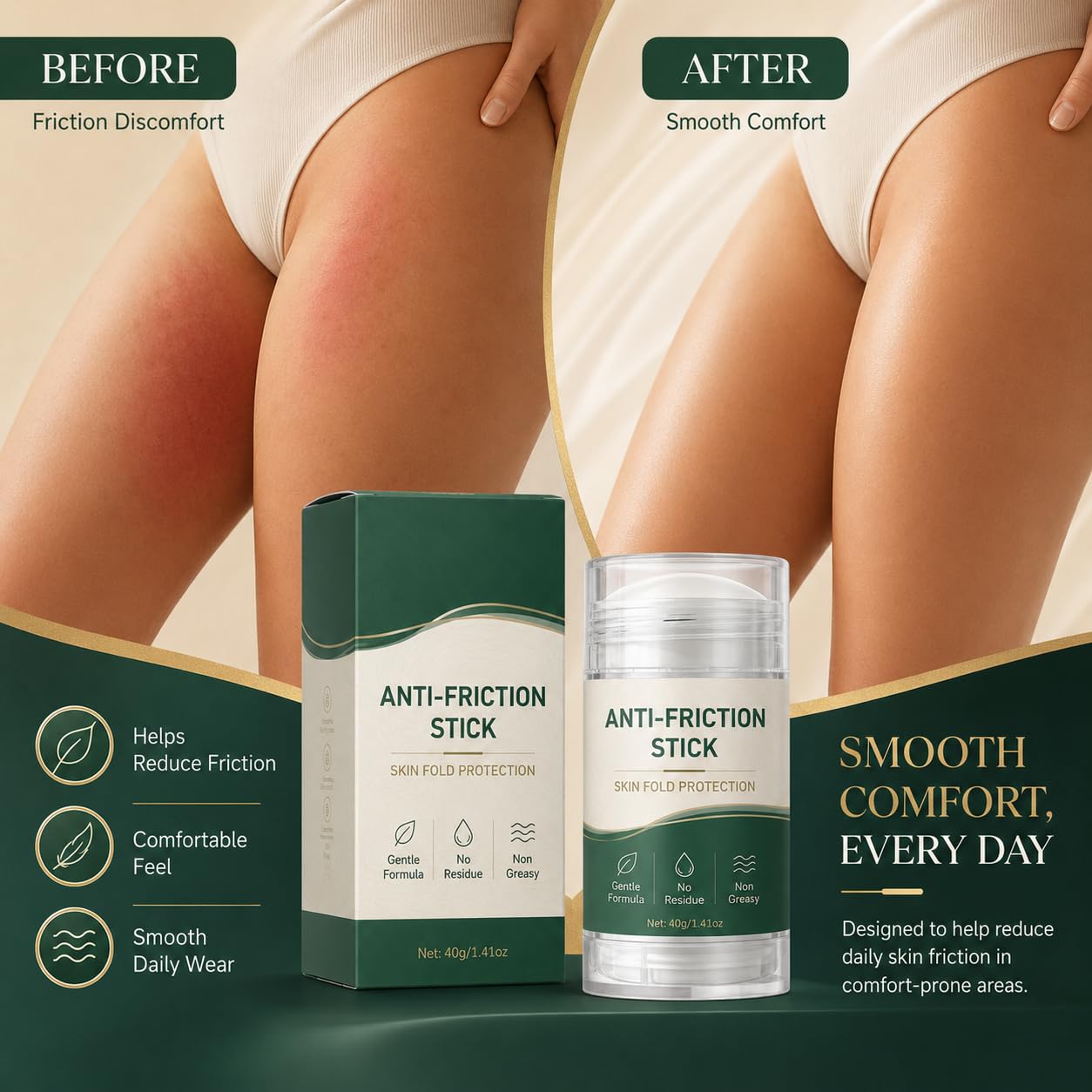 Anti Friction Stick, Body Friction Defense Balm for Inner Thighs, Under Bust, Underarms, Natural Formula with Aloe, Pomegranate & Grape Seed Oil, Dry Touch & Non-Greasy, Smooth Application (2)