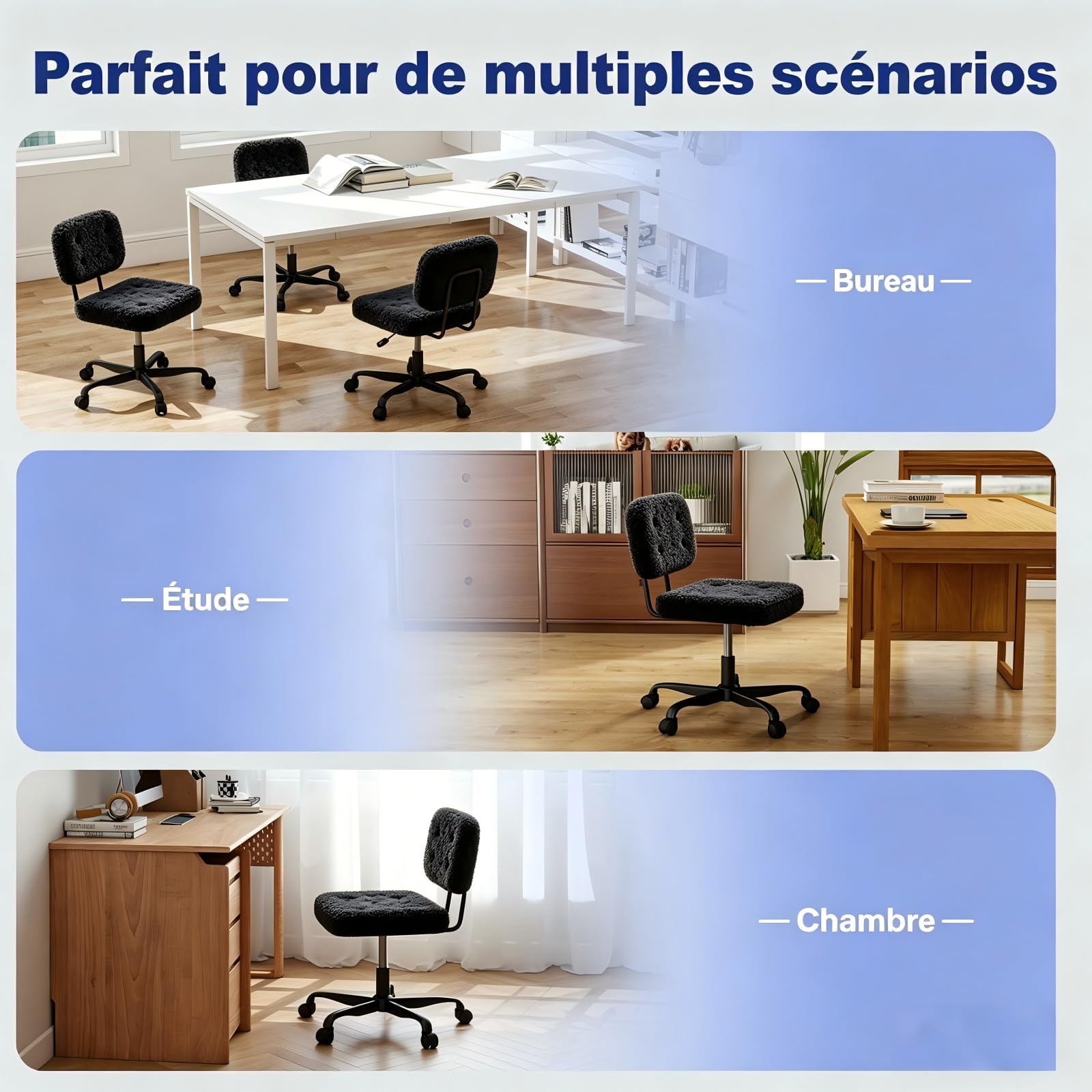 AnyGod Chaise de Bureau sans Accoudoirs en Polaire Teddy, Siège Pivotant Ergonomique Réglable en Hauteur avec roulettes, Petit Fauteuil pour Coiffeuse et Espaces Réduits, Noir