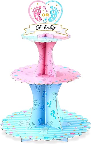 Decoración de soporte para cupcakes para fiesta de revelación de género, azul y rosa de 3 niveles para baby shower, suministros de cartón para niños