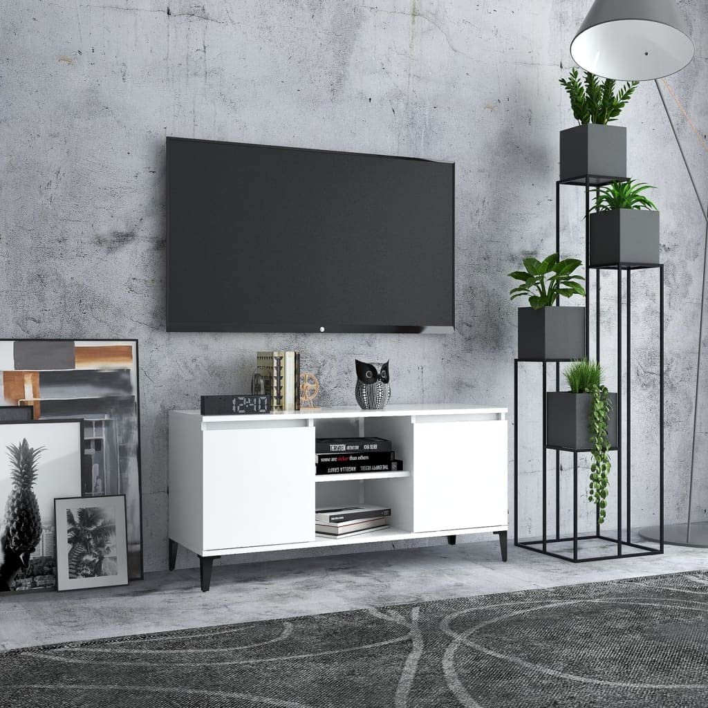 Mobile TV con gambe in metallo, bianco, 103,5 x 35 x 50 cm, mobile basso con 2 ripiani e 2 scomparti, credenza con vano portaoggetti, mobile moderno per soggiorno per gaming e home theatre
