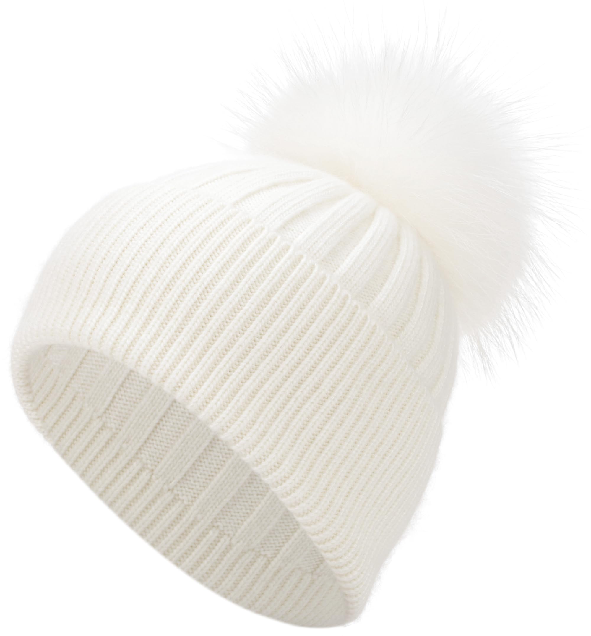 EASTER BARTHEWomens Cashmere Winter Ribbed Knit Cuffed Beanie Hat with Real Fur Pom Pom Beanie Skull Cap Ski Hat