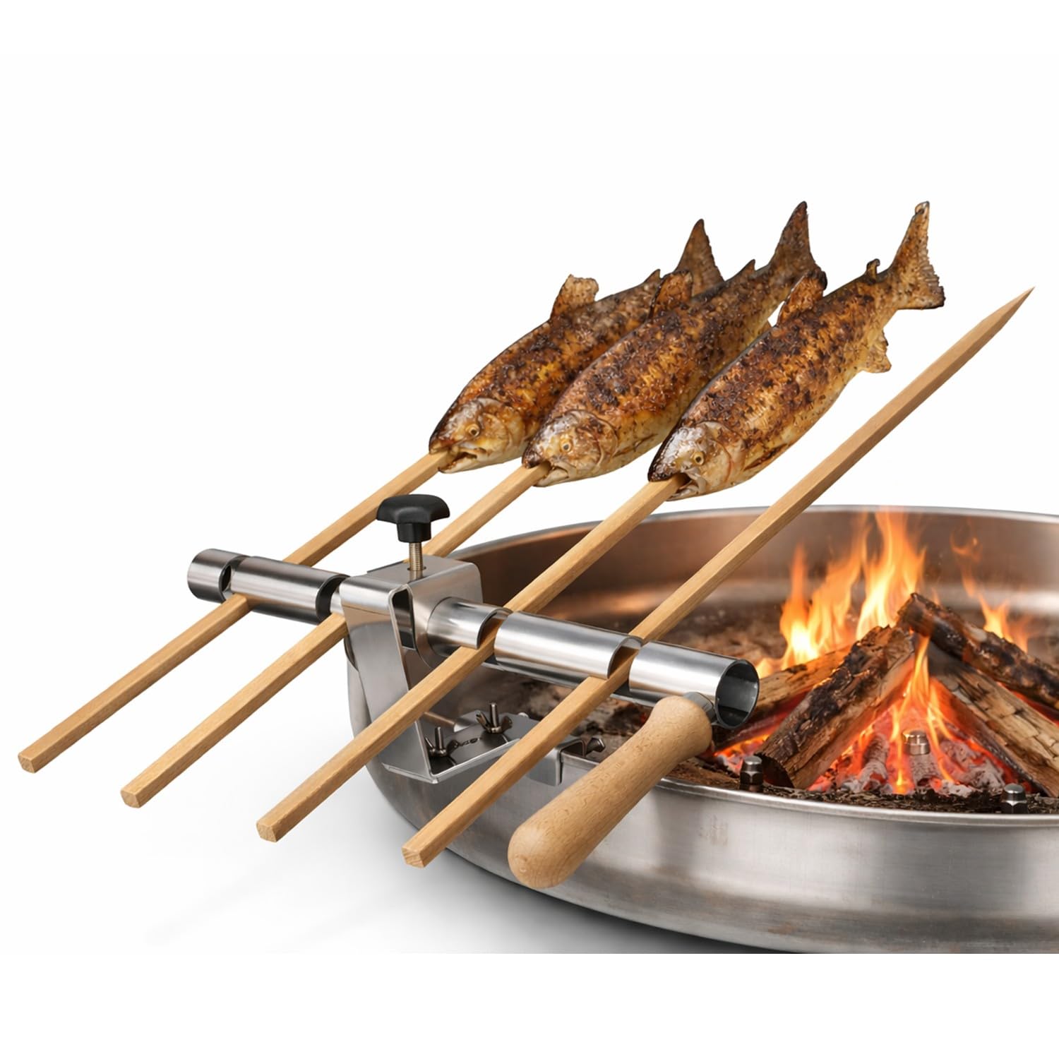 Premium Steckerlfisch Halter für Feuerschale - Platz für 4 Fische - Fisch Grill Aufsatz passt auf Jede Feuerschale - stufenlos verstellbar - Original Buchenholz Spieße - Asado Grill für Feuerschale