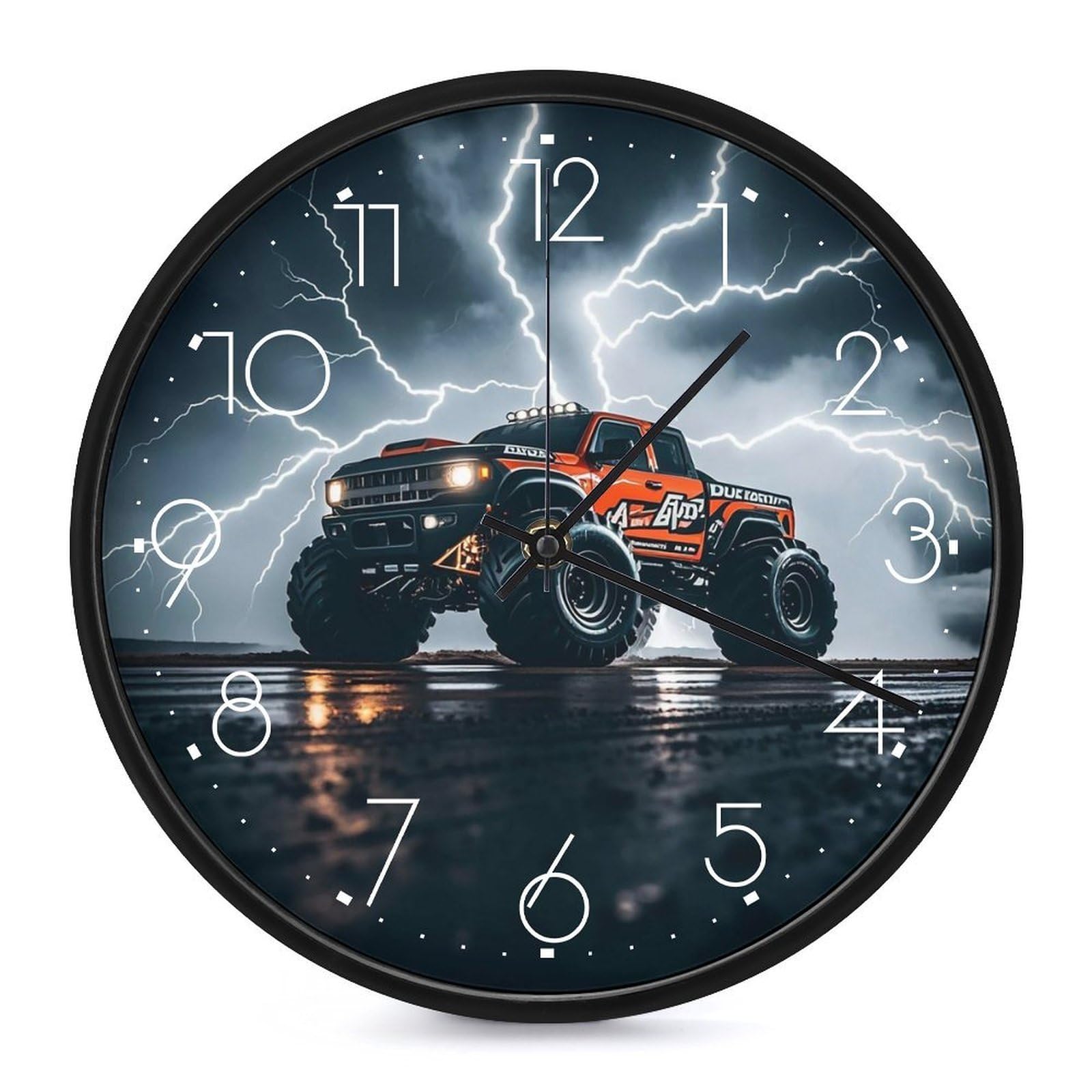 Horloge murale Monster Truck 25 cm noire silencieuse et moderne pour décoration de chambre