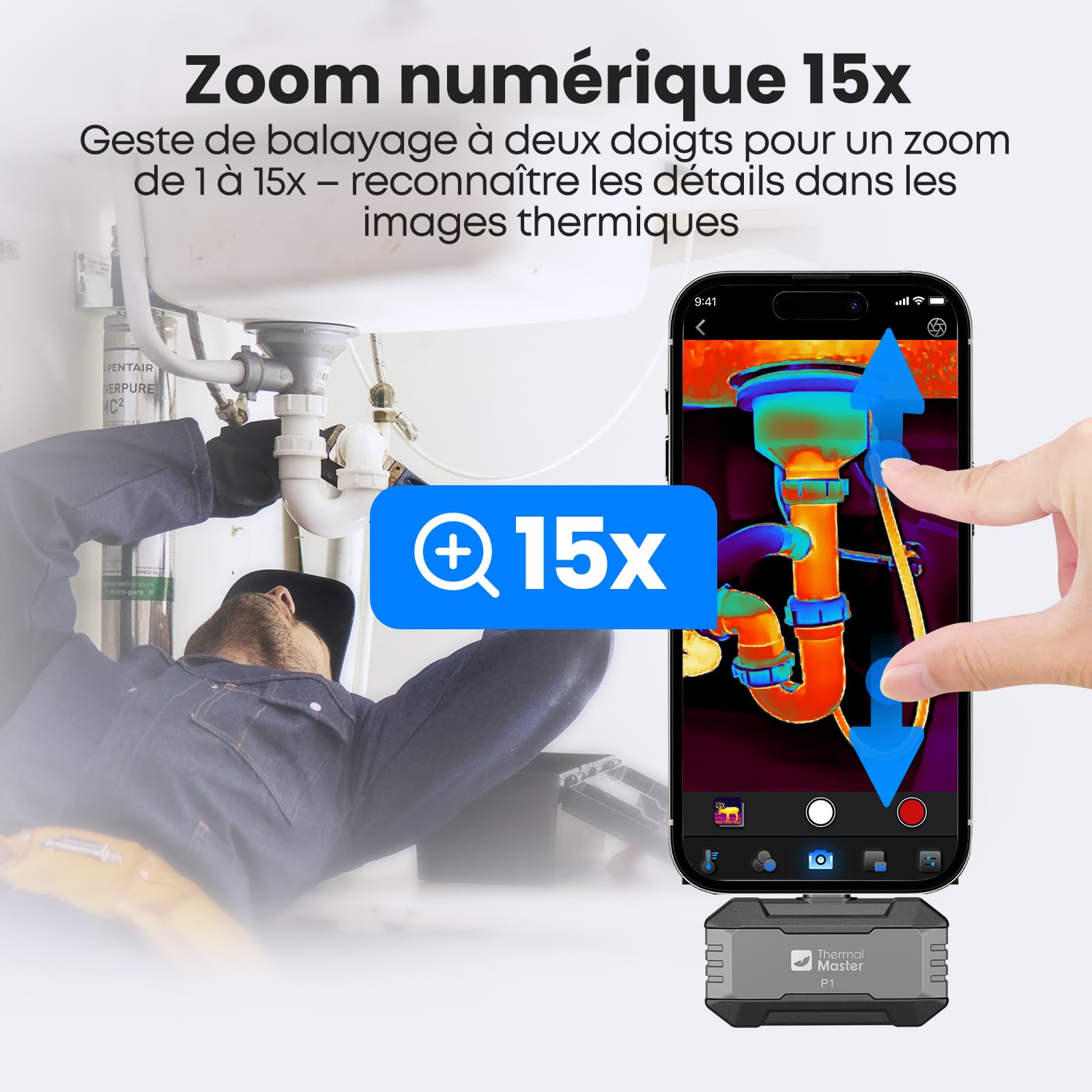 Thermal Master P1 Caméra Thermique pour iPhone & Android USB-C, X³ IR Résolution 320x240, -20°C à 600°C, 15x Zoom, 25 Hz Caméra Infrarouge pour Inspection Maison, CVC & Électricité