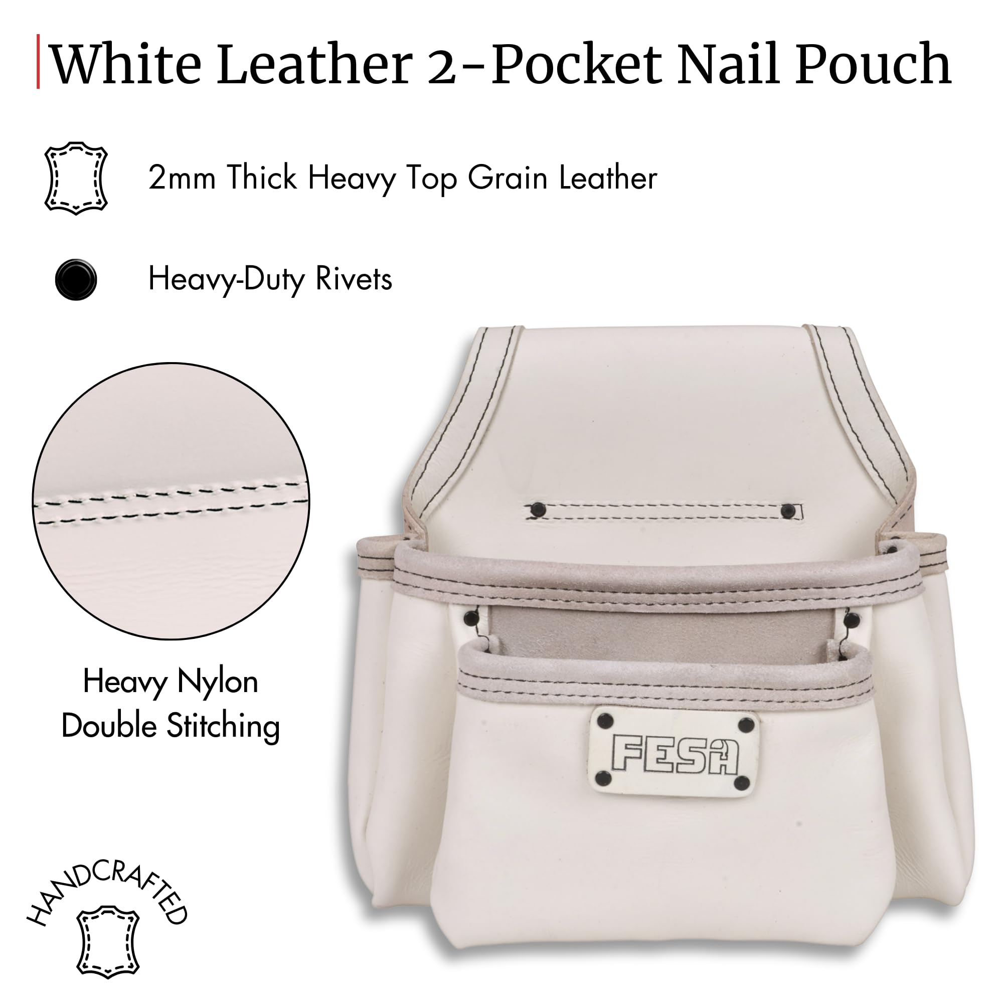 FESA Accesorio de piel para uñas, bolsa de herramientas de cuero de grano superior pesado con 2 bolsillos grandes para clavos y tornillos, bolsa de cierre para cinturones de hasta 3 pulgadas, hecha a