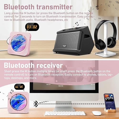 Miniatura 3 de Reproductor de CD portátil con Bluetooth 5.1 Reproductor de CD de escritorio con altavoces de sonido de alta fidelidad, control remoto, cubierta