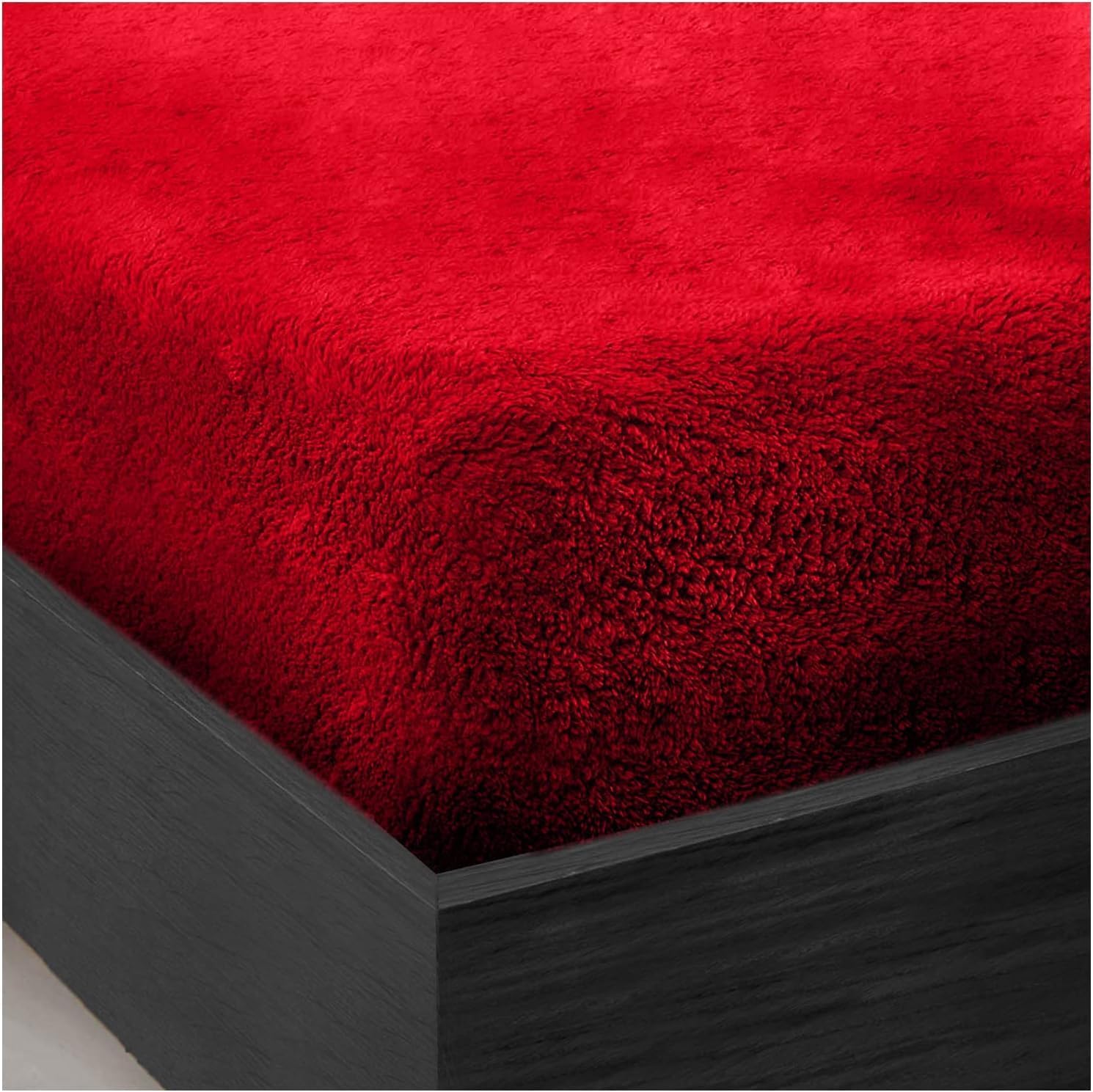 Teddy Fleece Fitted Sheets Bed Sheet Plain Thermal Warm Soft Cuddly Fluffy Bedding Luxury Bed Linen (Red, Super King)