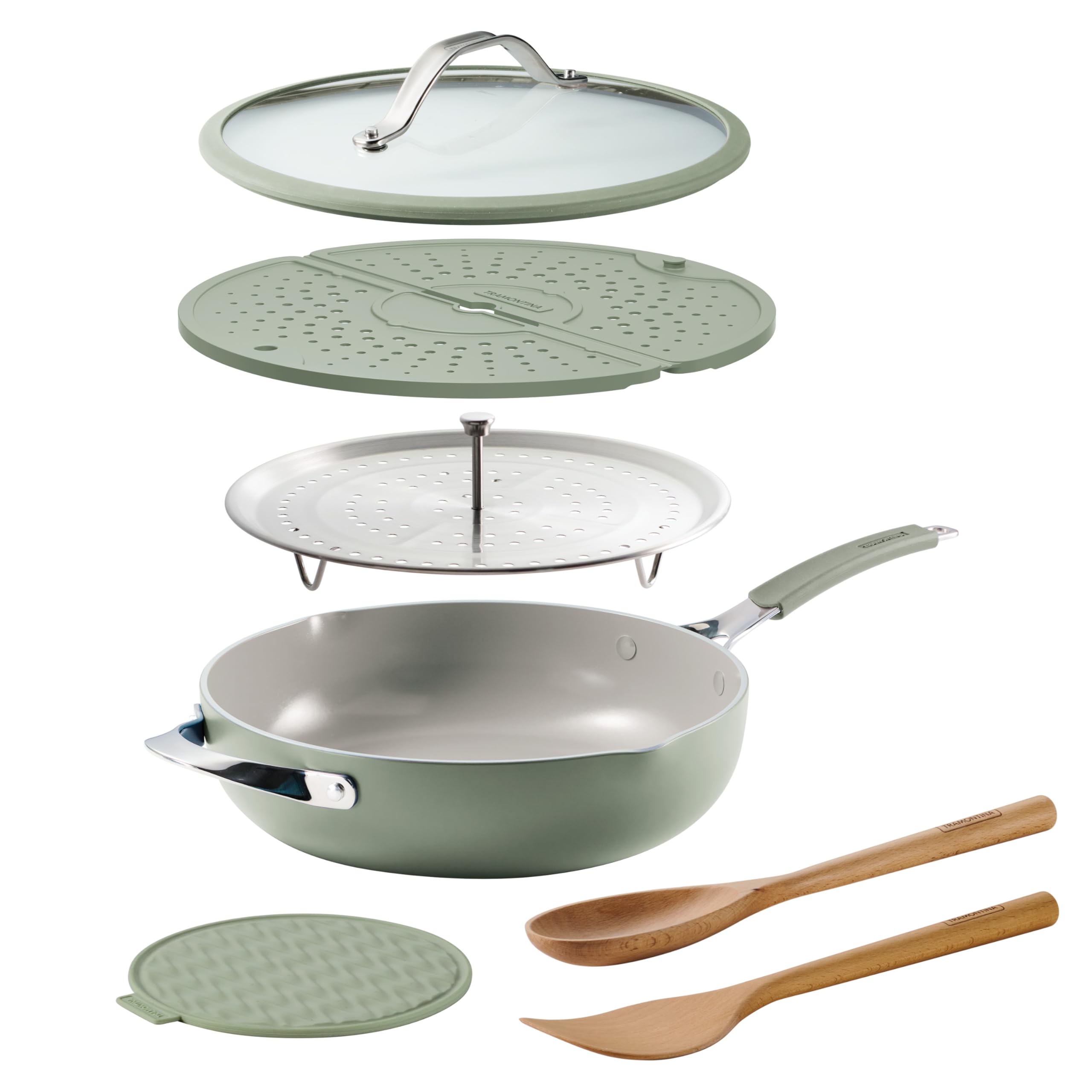 Tramontina Vue All-in-One Plus Pfannenset, 5 Quart Keramik Antihaft-Kochpfanne mit Glasdeckel, Dampfgareinsatz, Buchenholz-Utensilien, Spritzschutz, Topflappen, Grün