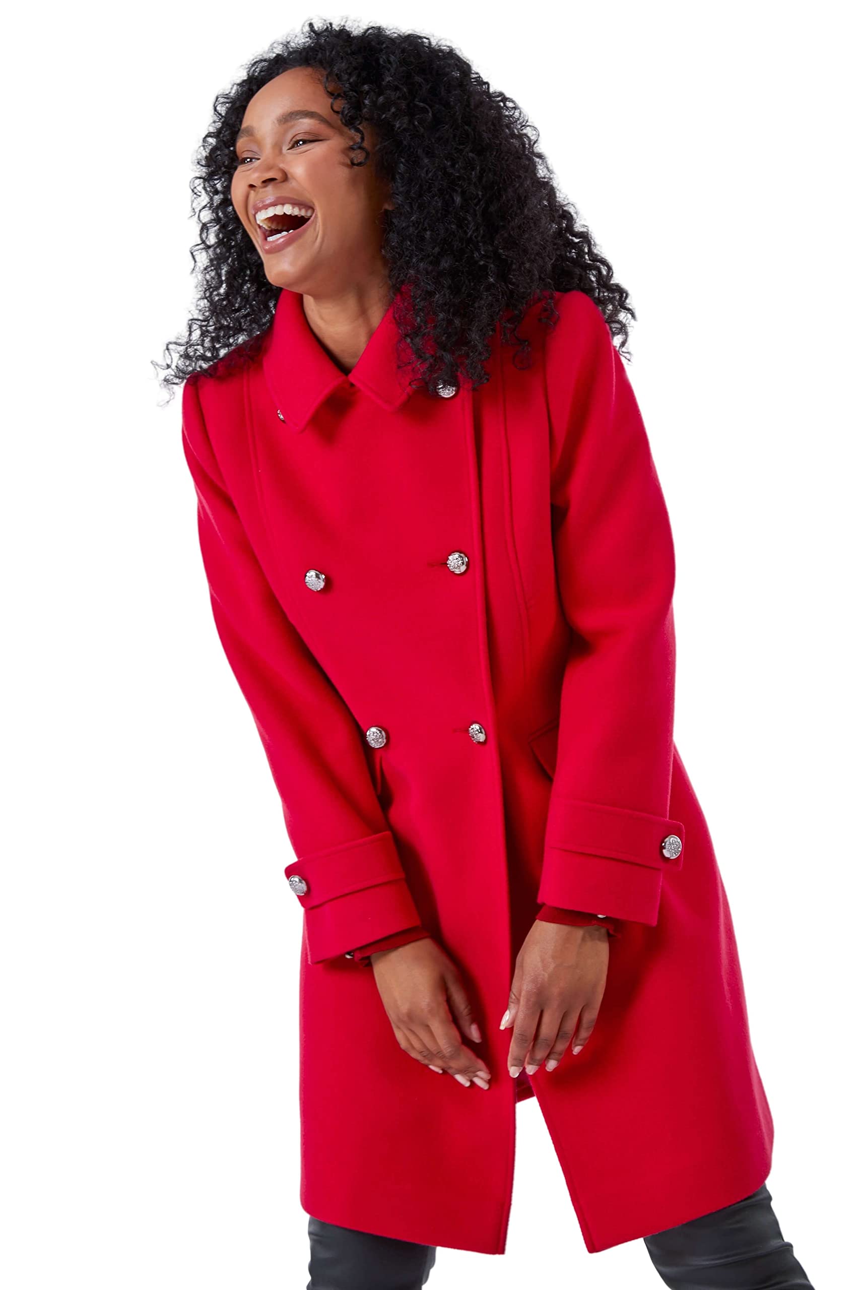 Roman Originals Women's Petite Red Petite Double Breasted Military Coat For Uk - Everyday Holiday Autumn Winter Long Sleeves Comfy Soft Evening Vacation Work Smart Party - Size 18 Petite