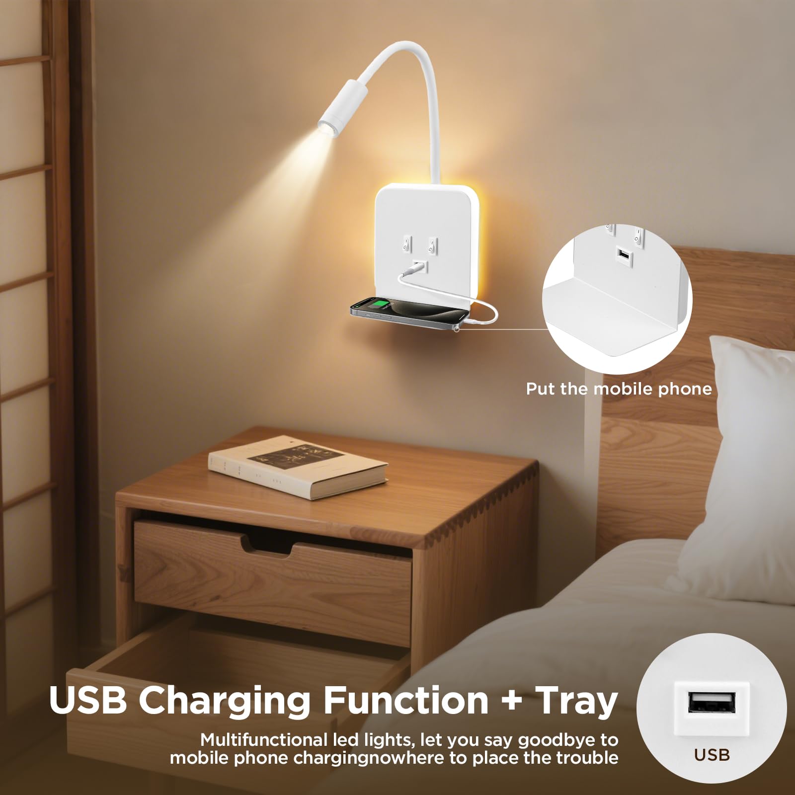 Lampada da parete a LED per interni, lampada da lettura a LED da comodino con interruttore, porta USB, vassoio, lampada da parete orientabile a 360°, lampada da lettura da comodino(C)