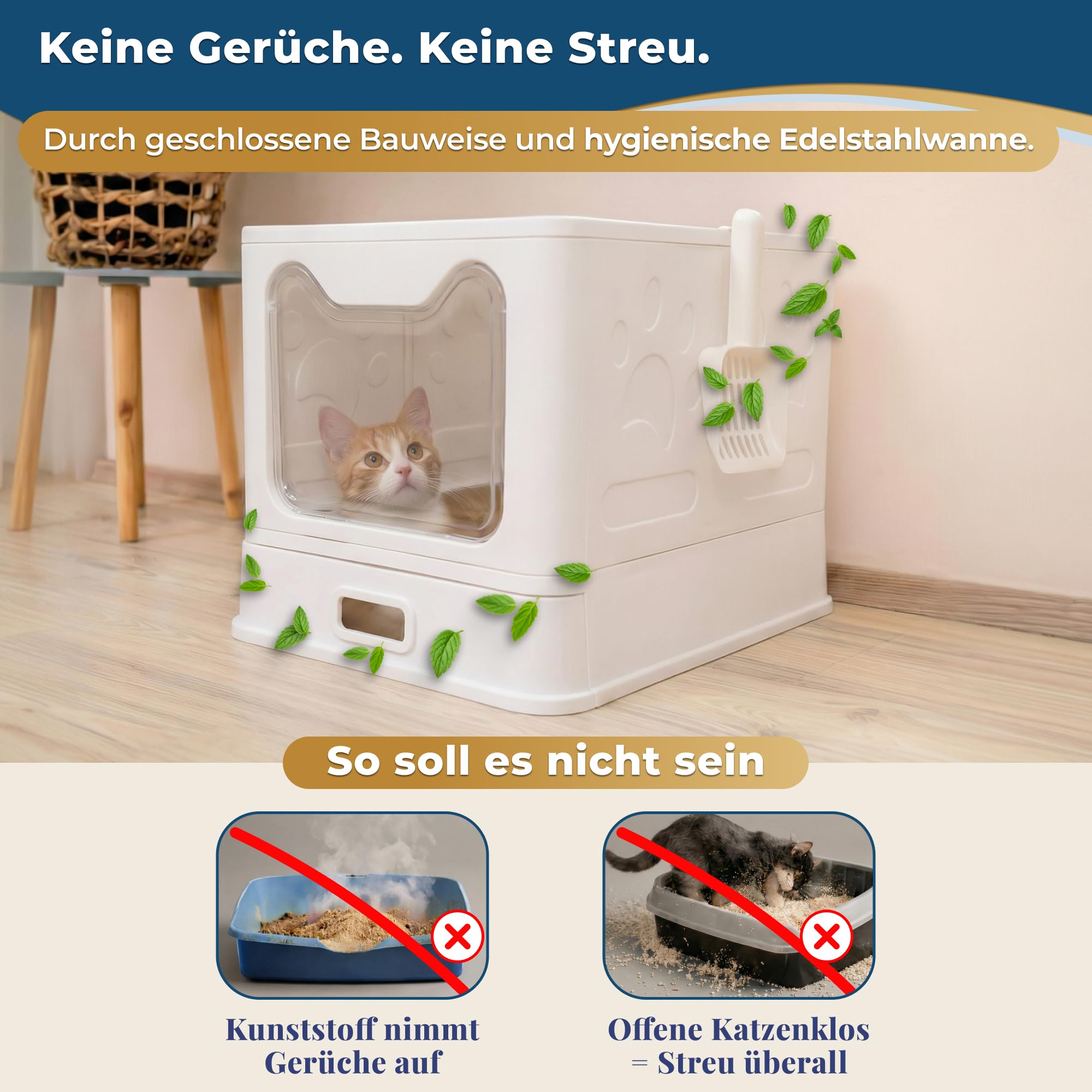 Katzenklo Edelstahl mit Deckel, Faltbare Geschlossene Katzentoilette mit Schublade, Geruchsfrei, Auslaufsicher, Leicht zu Reinigen, Doppelter EIN-/Ausgang, Mit Schaufel, (38,3×51×41 cm) – Weiß