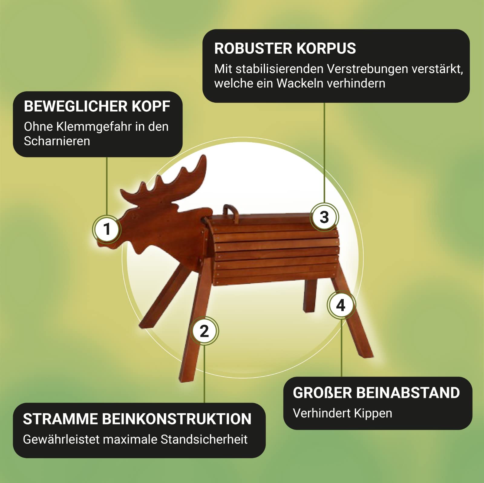 goki Drewniany jeleń do użytku na zewnątrz i wewnątrz – łoś, nowy koń drewniany do jazdy konnej – wspomaga kreatywność, fantazję, motorykę – Made in EU – nordycka odpowiedź na konik woltarny, wysokość siedziska 50 cm