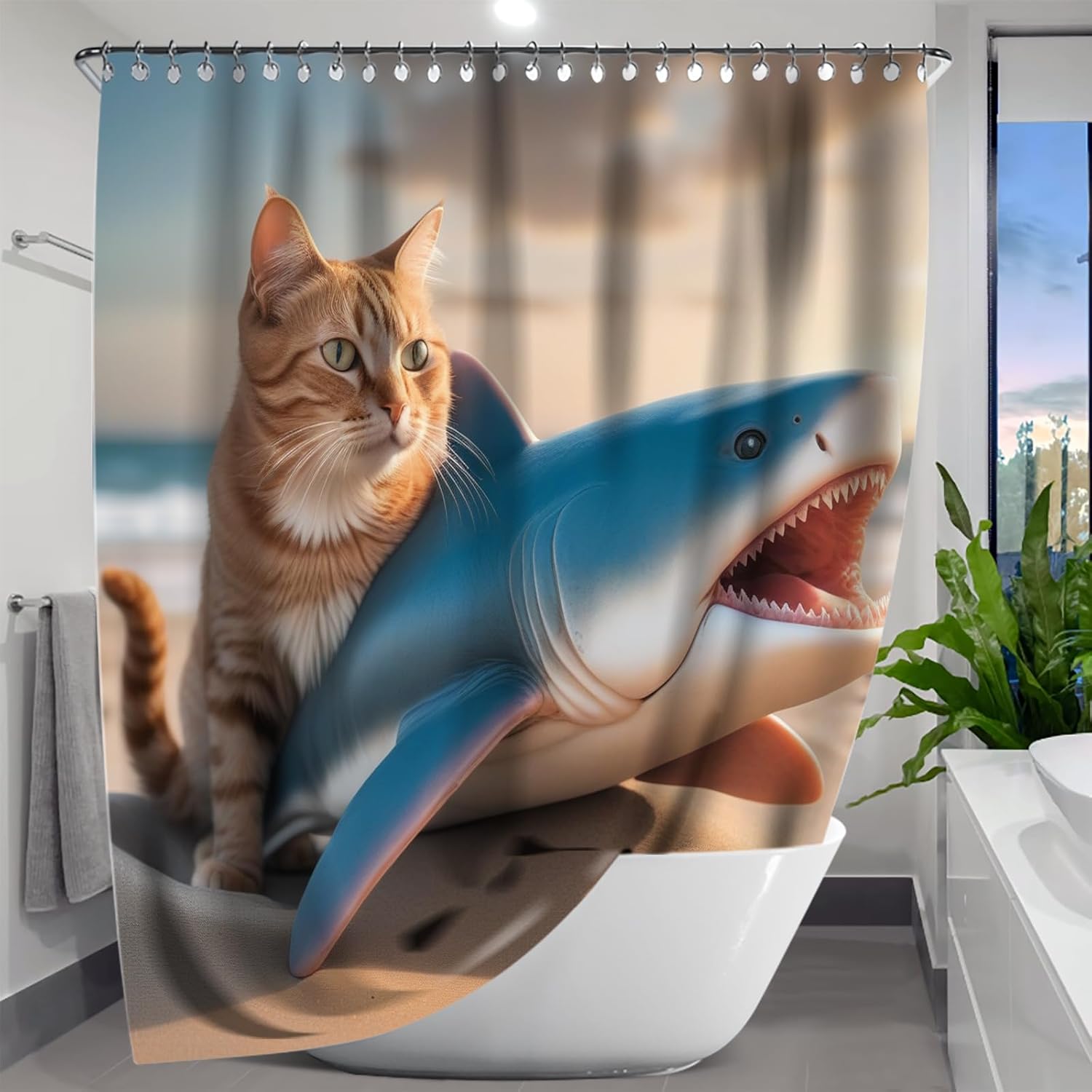 DEERSPOK Funny Shark Shower Curtain Ocean Themed Fabric