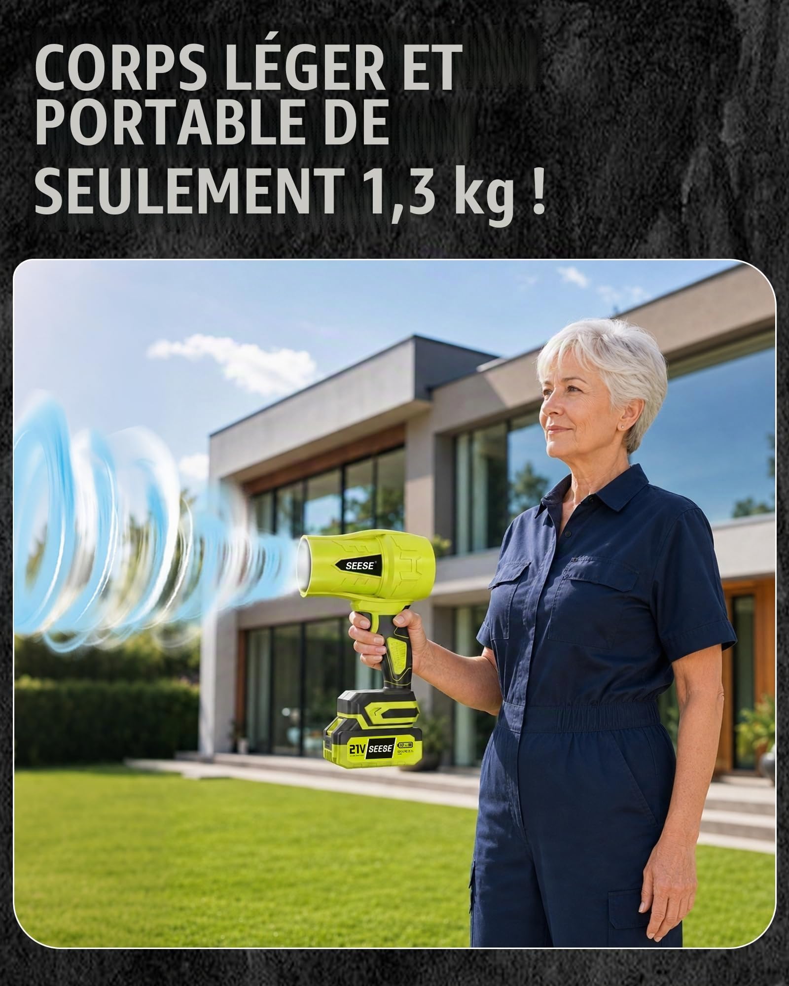 Souffleur à feuilles sans fil Turbo : 150 MPH 600 CFM, léger 0,66 kg, alimenté par batterie pour feuilles de cour, sable d'allée, séchage de voiture avec batterie 21 V 4,0 Ah et poignée ergonomique