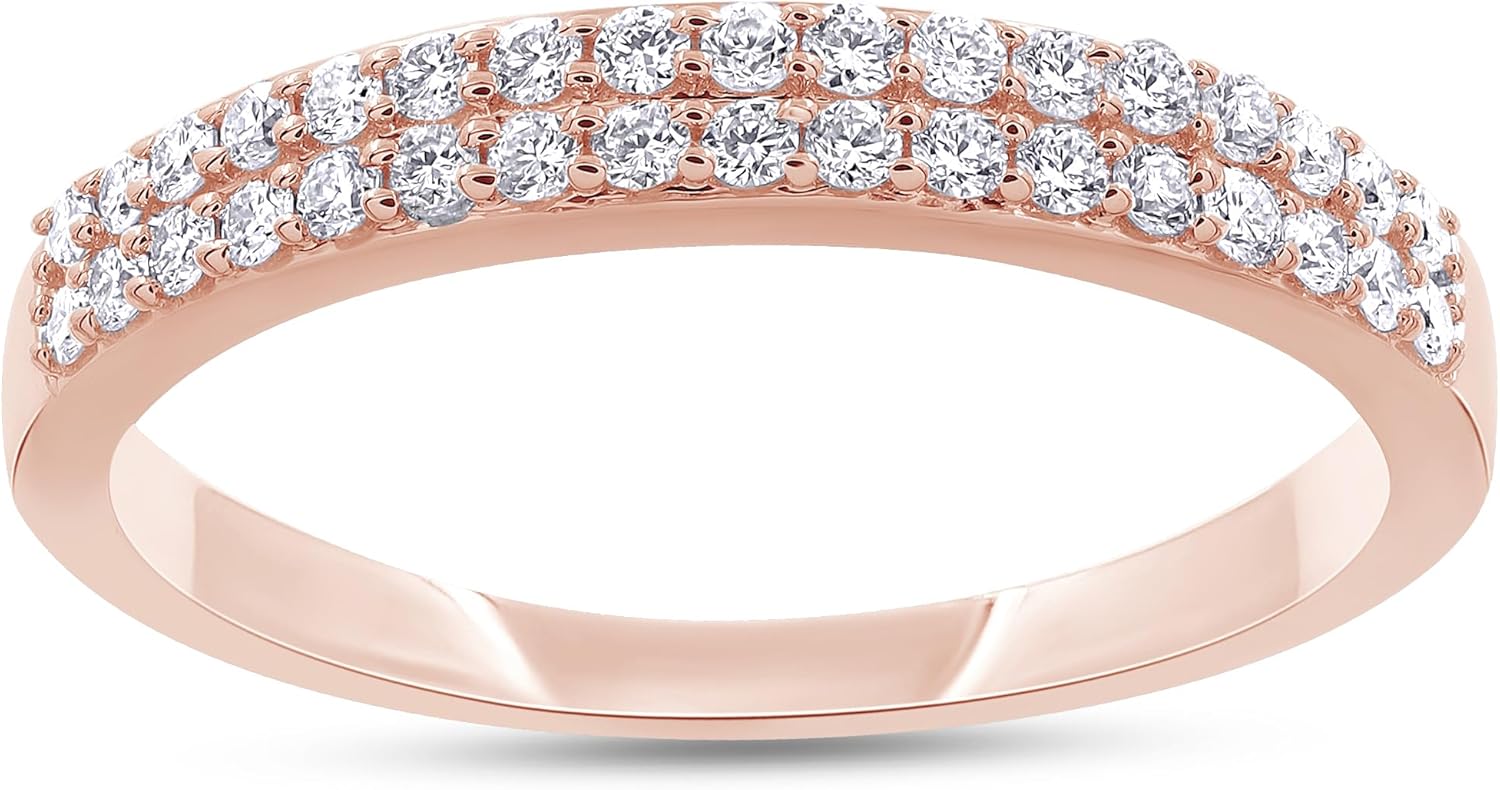 1/4ctw Double Row Band Ring, Lab Grown Diamond Wedding Band Ring For Women In 14k Gold Plated 925 Sterling Silver Jewelry Gifts For Her (0.25 Ctw)