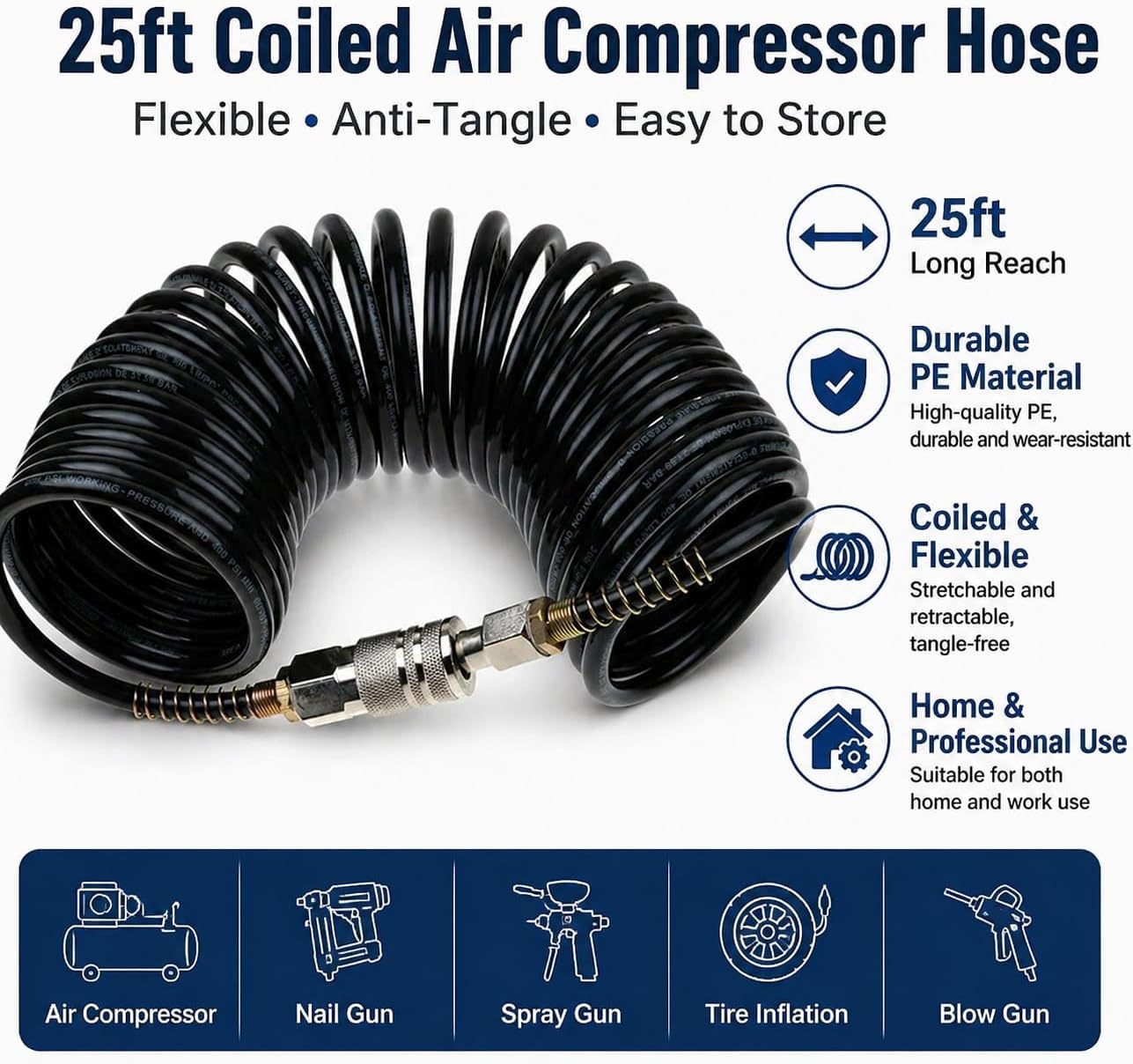 25ft Air Compressor Hose with Bend Restrictor and 1/4 Quick Coupler - Coiled Flexible Air Hose with Solid Copper Connectors