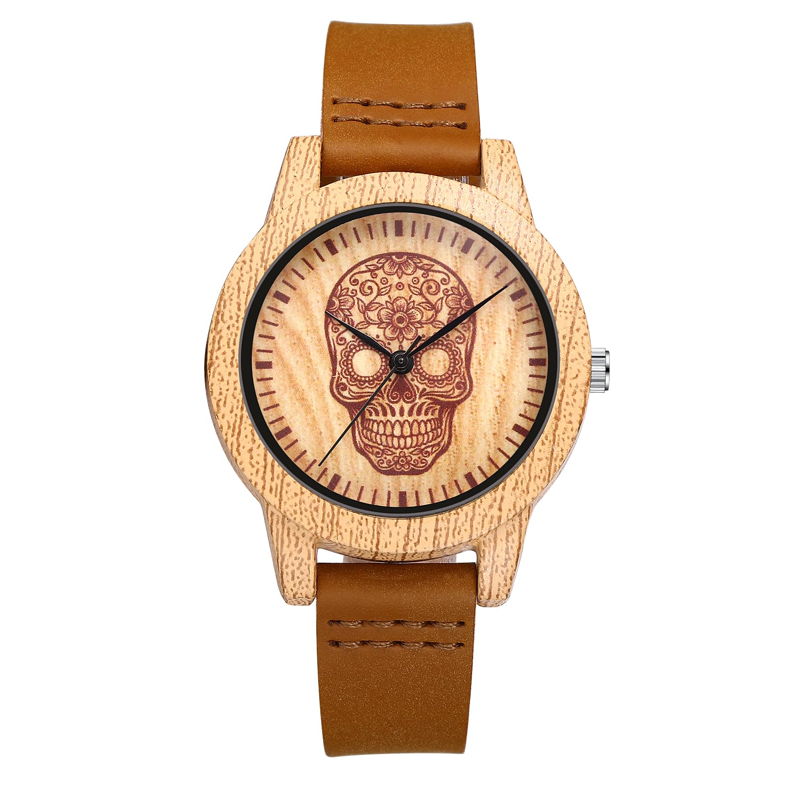 JewelryWe Skull Imitation Wood Watch: Men’s Cool Round Analog Quartz Watch Punk Leather Wristwatch for Father's Day