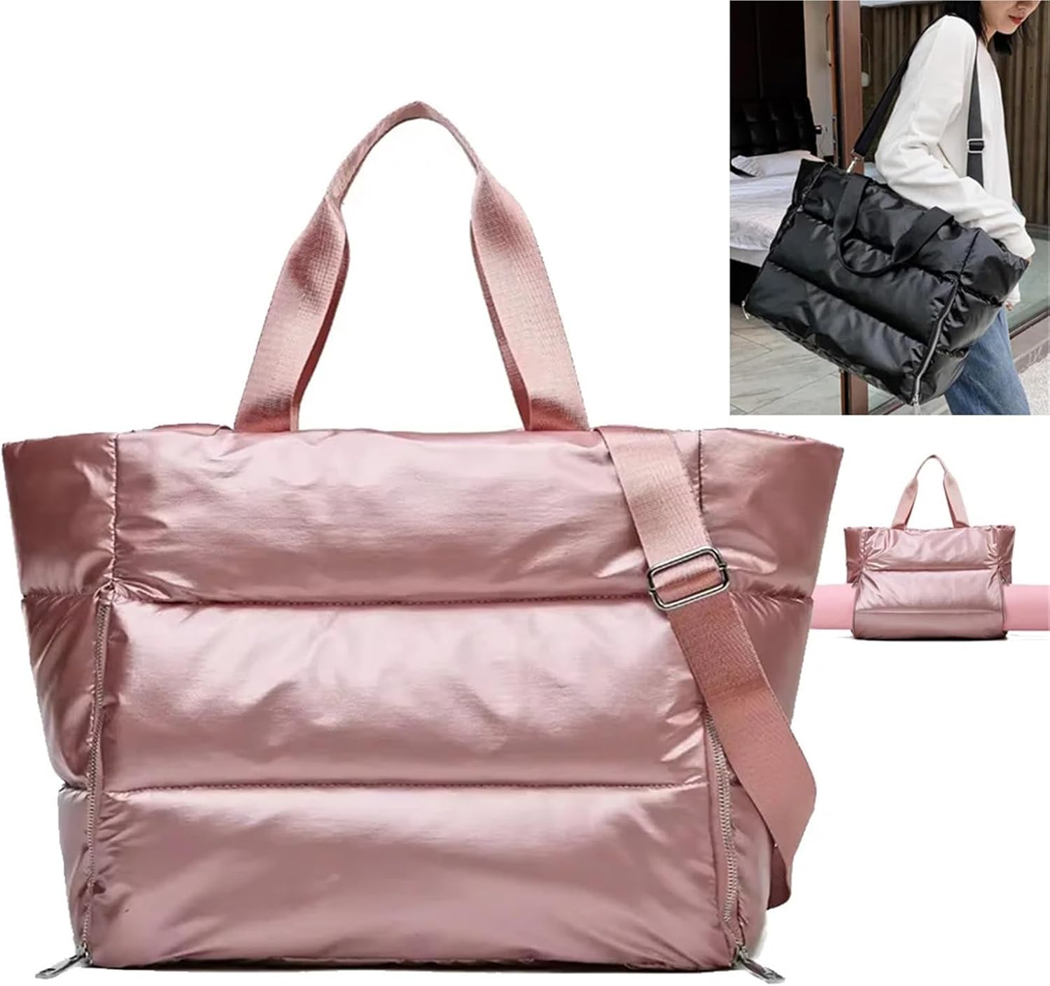 Pilates Mat Bag Winter Yoga Mat Bag Women Gym Bag Tote Fitness Sports Large Travel Shoulder Zipper Storage Bags(Silver)