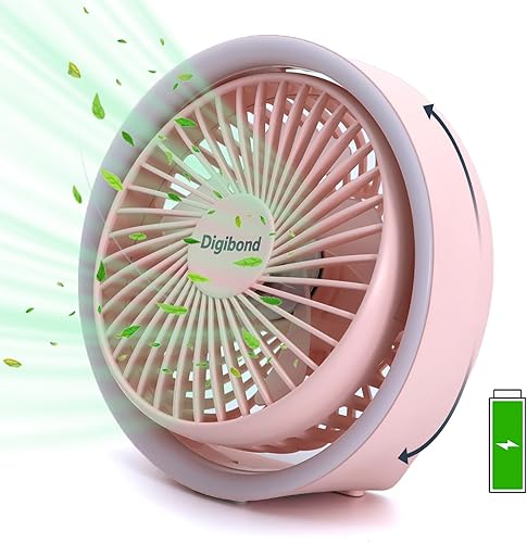 Miniatura 1 de Ventilador de escritorio rosa, pequeño y silencioso con luz ambientalgancho, ventilador USB portátil de 5.3 pulgadas, alta potencia, 3000 mAh,