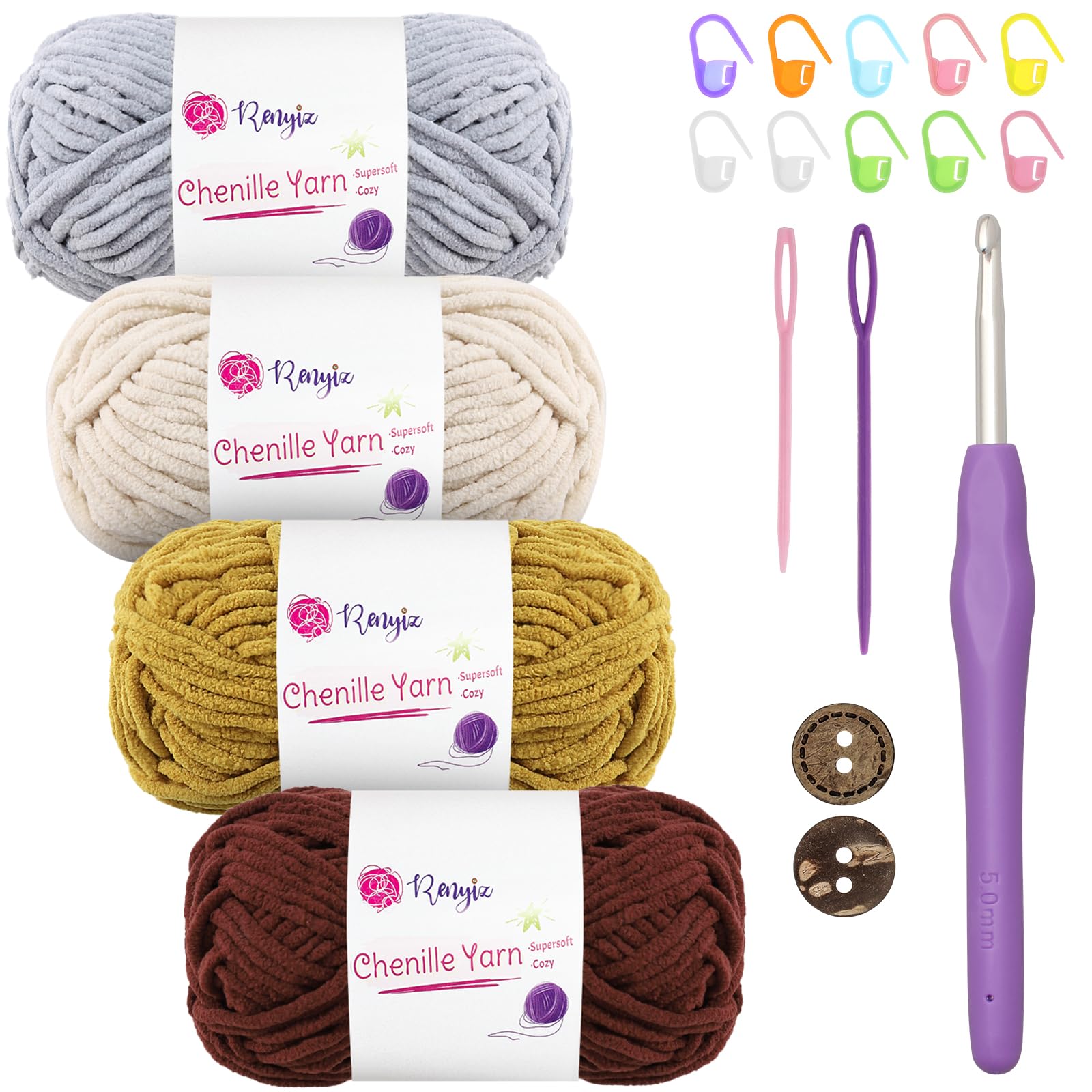 Chunky Chenille Yarn 4x50g (60m/Skein) Fluffy Knitting Wool with 5mm Hook, Ideal for Beginners