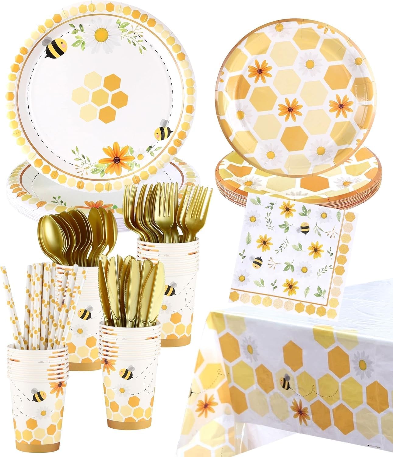 Party Supplies - Serves 16 - Birthday Plates Cups Napkins Perfect for Baby Shower Decorations First Birthday Decorations (Bee Complete Set)