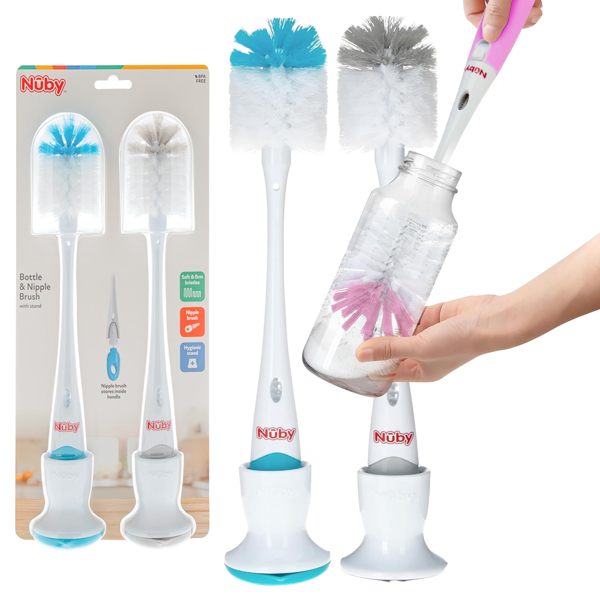 Nuby Bottle and Nipple Brush with Soft Bristles | 2 Pack: Blue & Grey or Pink & Lime | Accessory Cleaning Brush and Drying Stand