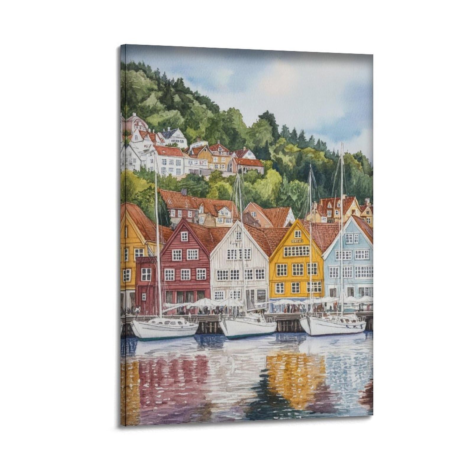 xiaoxiaoshen Bergen Norway Norwegian City Scenic Harbor Landscape Canvas Poster Wall Art Prints Room Aesthetic Murals Bedroom And Living Decorations 08x12inch(20x30cm)