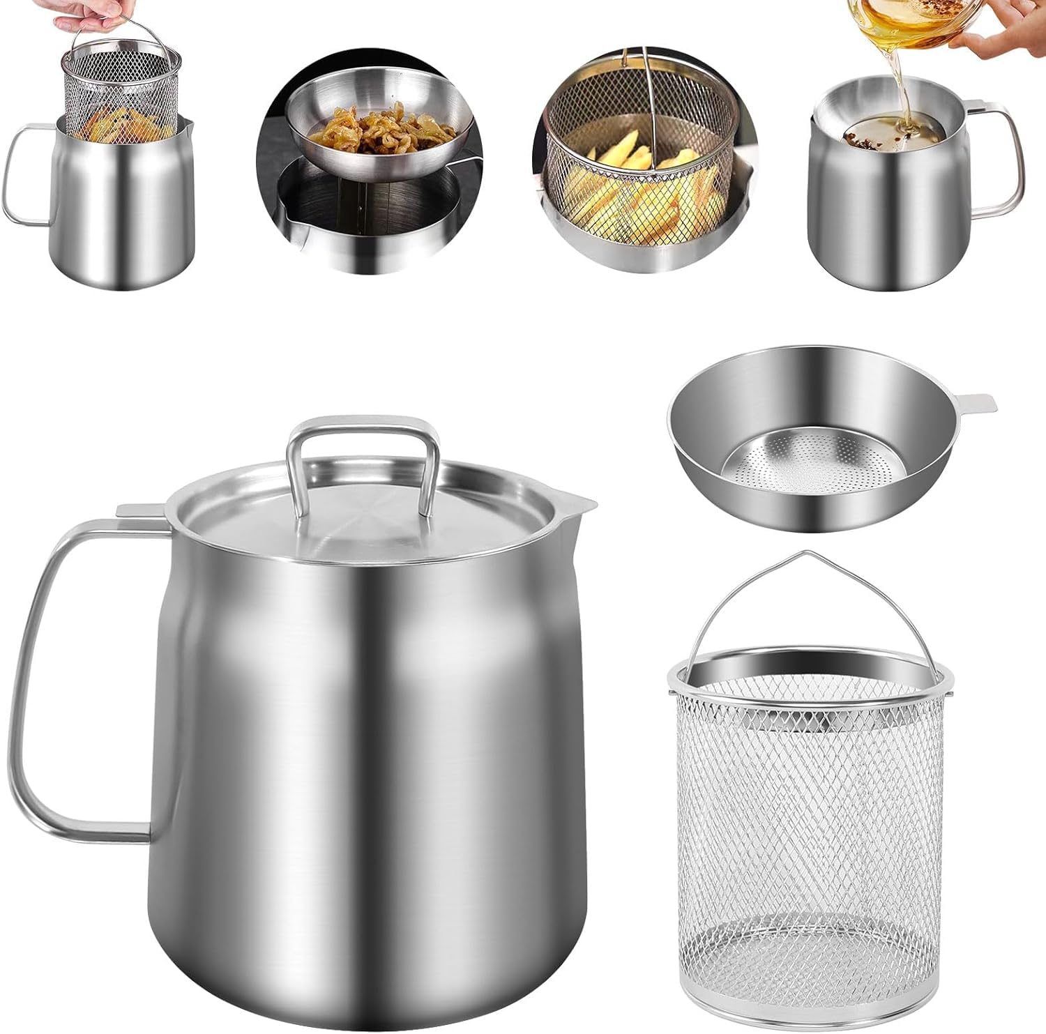 Pot de filtre à huile en acier inoxydable 304 avec panier filtrant et maille, couvercle anti-poussière et plateau antidérapant avec poignée pour stocker, frire et graisse de cuisson (2 L)