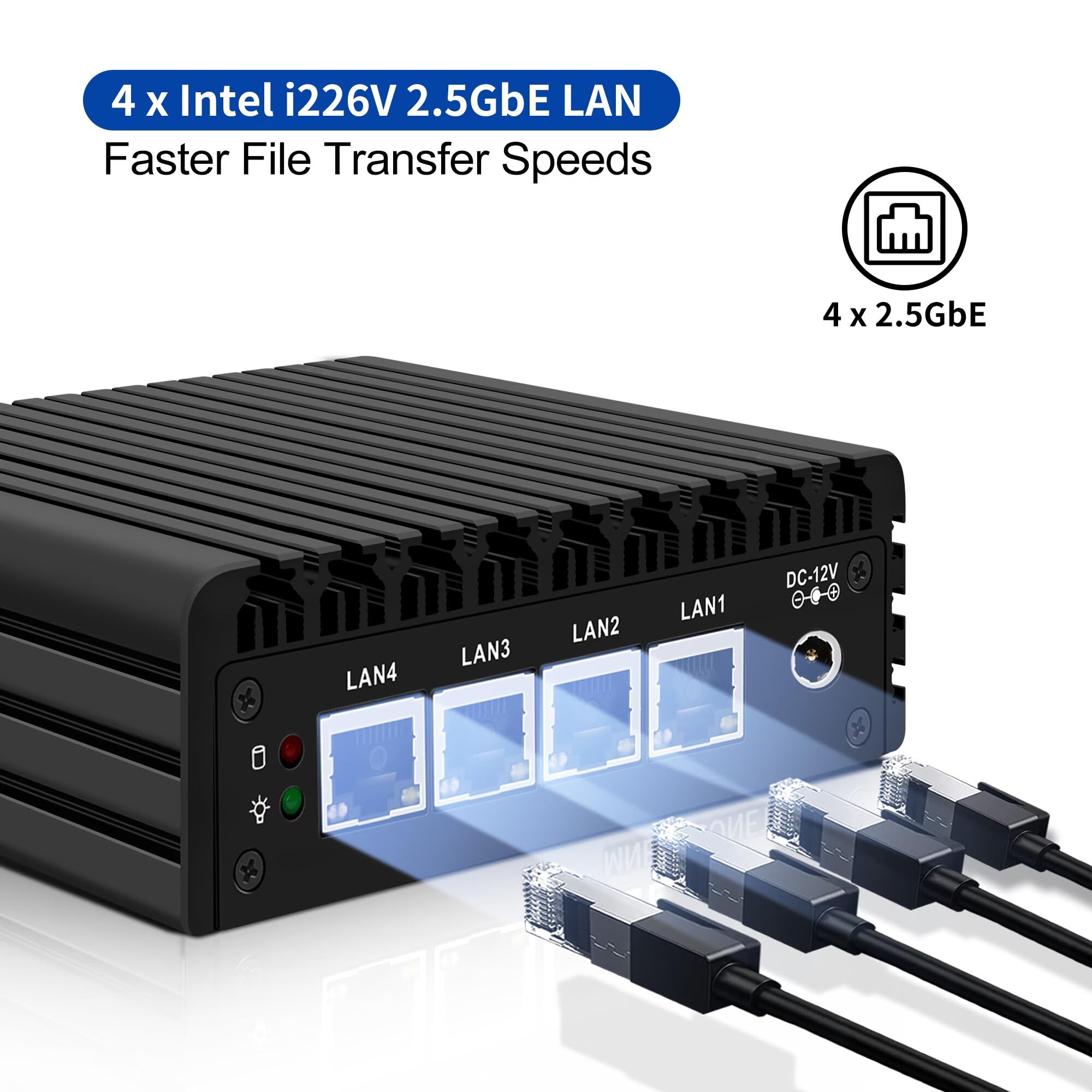 Mini PC Lüfterlos J3710 Micro PC Firewall Hardware Anwendungsrouter, DDR3 8GB RAM 128GB SSD, 4 x 2.5GBE Ethernet-Ports, 2 x USB 3.0, X86-P6 HD DP Unterstützung für OPNsense
