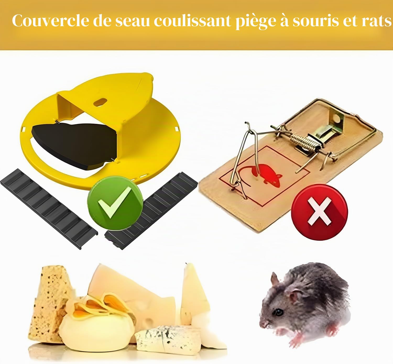 Couvercle de Fût Jaune Compatible avec Seau de 5 Gallons Piege a Souris, piege a Rat Vivante en Plastique pour Attraper Souris Simultanément, piège à Souris Utilisation Intérieure et Extérieure（3PC