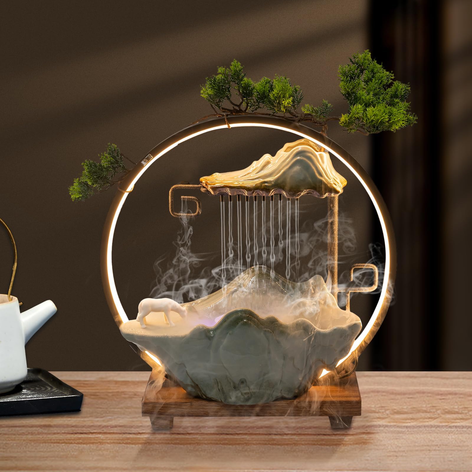 15In Fake Tree Bonsai Humidifier Water Fountain Waterfall Indoor Tabletop Decration with LED Light, Atomizer Circulating Water, Japanese Zen Decor Meditation Feng Shui Decor Festival Birthday surprise | with Water Pump LED Light and Fake Plants, Desktop Decoration Festival Birthday Surprise Office Bedroom Relax