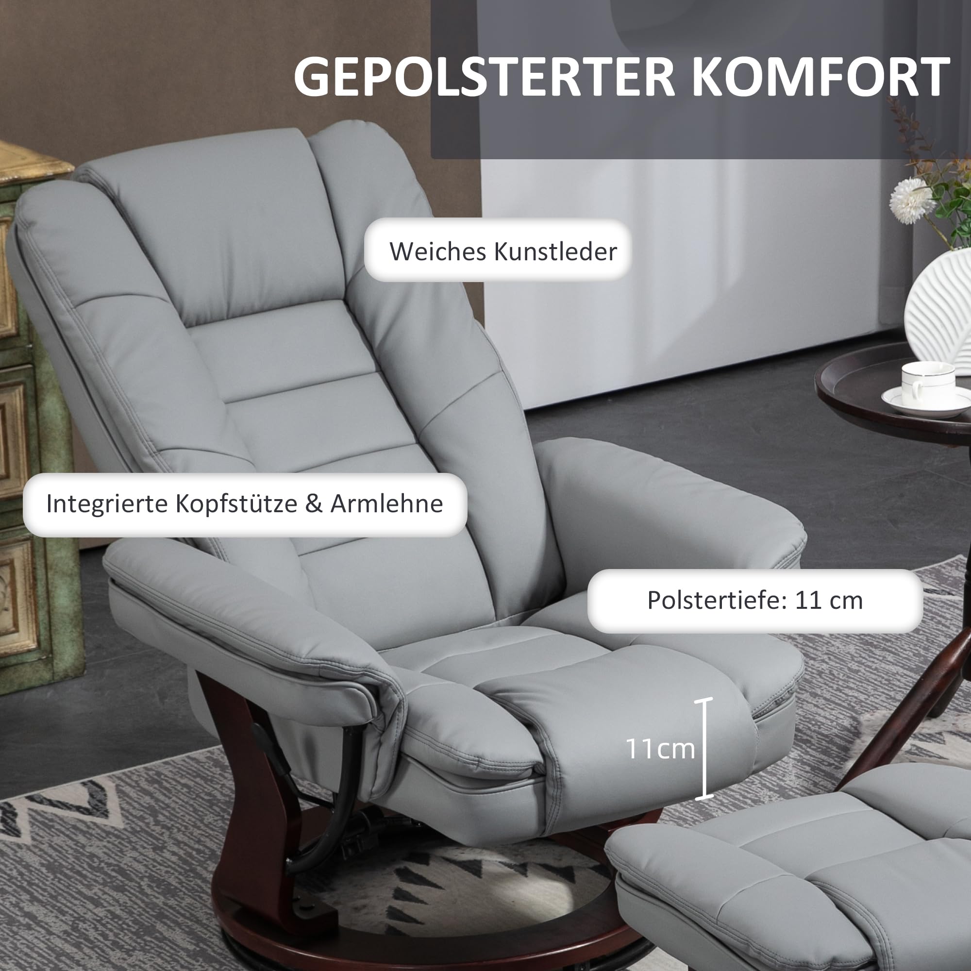 HOMCOM Relaxsessel mit Hocker 360°Drehbarer Fernsehsessel mit Liegefunktion TV-Sessel Ruhesessel bis 130 kg belastbar für Wohnzimmer Kunstleder, Grau