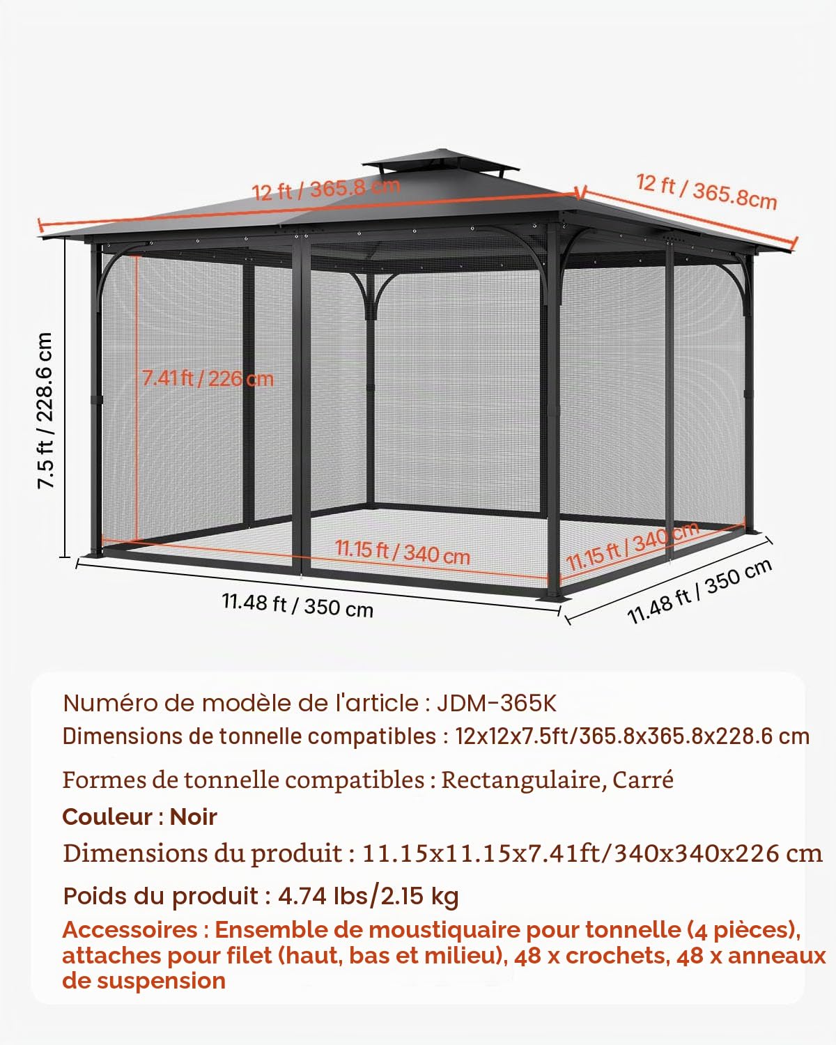 VEVOR Moustiquaire Tonnelle de 365,8x365,8x228,6 cm, Moustiquaire Gazebo Extérieur, avec Double Fermeture Éclair, Rideau de Tonnelle en Maille Anti-moucherons pour Jardin, Patio, Filet Uniquement