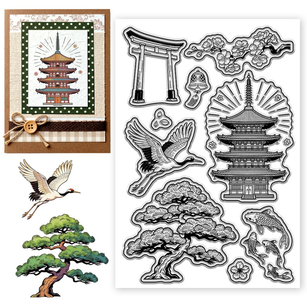 CONCHLERY Japanese Oriental Elements Clear Stamps White Cranes Transparent Stamps Cherry Blossoms Silicone Clear Seals for DIY Scrapbooking Photo Album Decoration, 4.3×6.3 inch