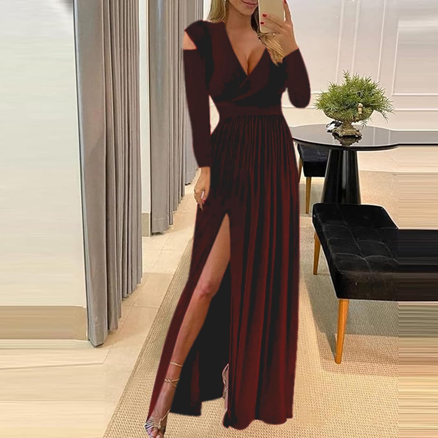 Women Long Sleeve Slit Maxi Long Dresses Deep V Neck Cold Shoulder Dress for Women Casual Fall Winter Evening Date - Image 5