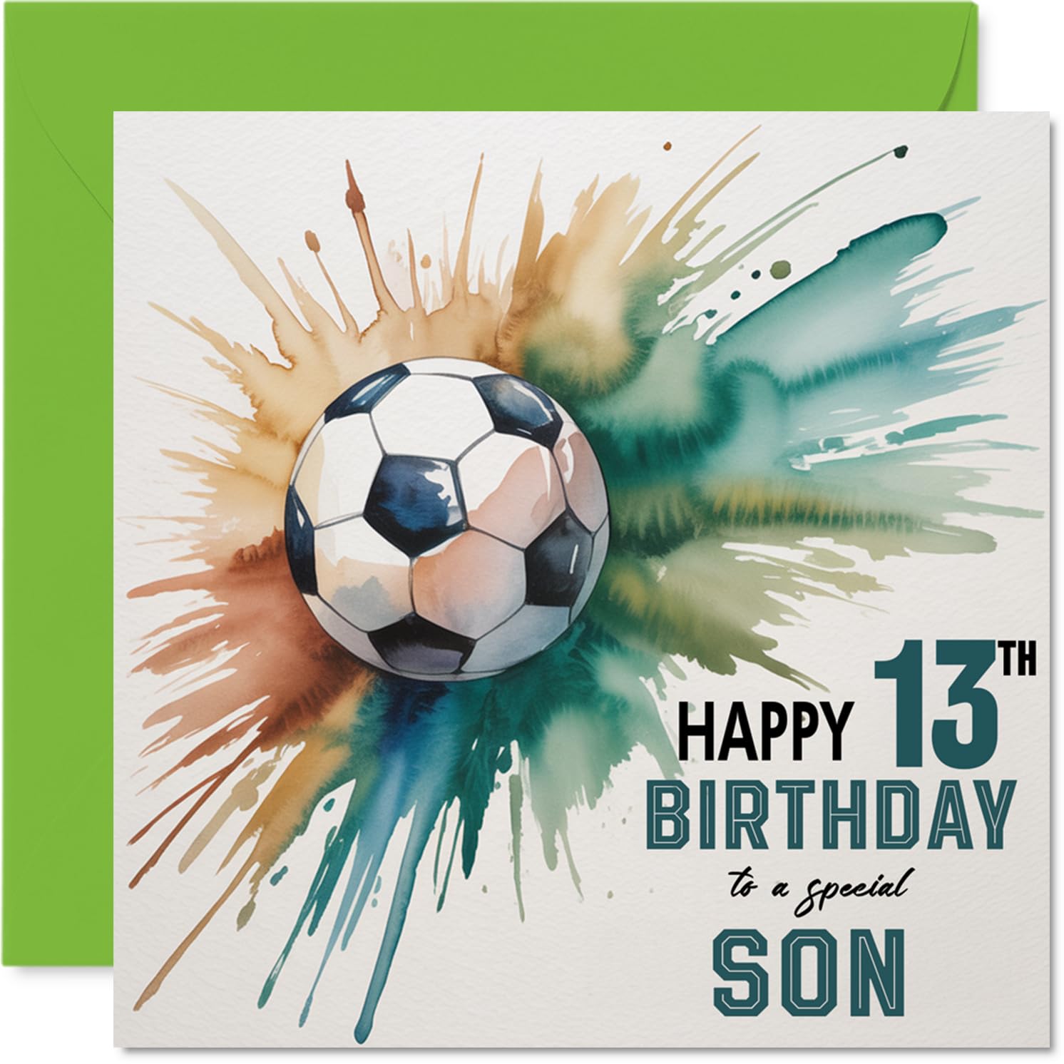 13th Birthday Cards for Son - Watercolour Football Splash - Happy Birthday Card for 13 Year Old Son from Dad Mum, 145mm Bday Greeting Cards