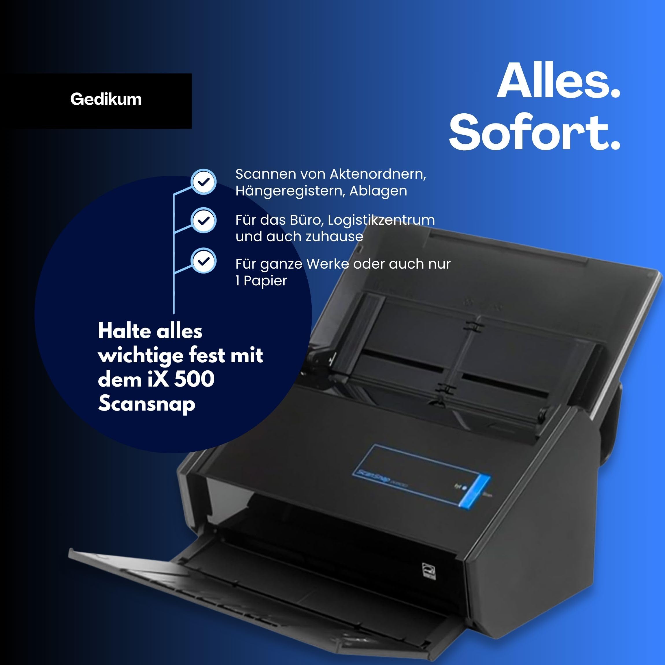 Gedikum Fujitsu IX500 ScanSnap – Scanner USB Haute Vitesse Compatible Cloud pour Documents, Photos et reçus pour Mac et PC – Garantie 1 an – ADF avec numérisation Recto-Verso