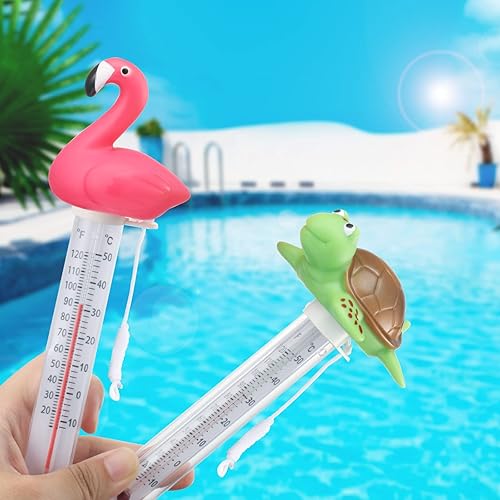 Miniatura 6 de Paquete de 2 termómetros flotantes para piscina, diseño de flamenco y tortuga, tamaño grande, lecturas fáciles y precisas para temperatura del agua,