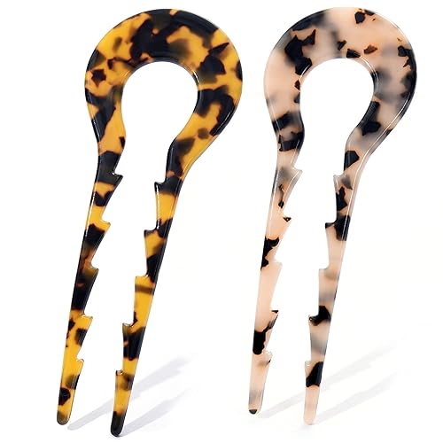 Miniatura 10 de Fsmiling Horquillas Francesas para el Cabello de Carey en Forma de U de 2 Puntas Palillos para el Cabello de Acetato Pin Chignon para Mujeres