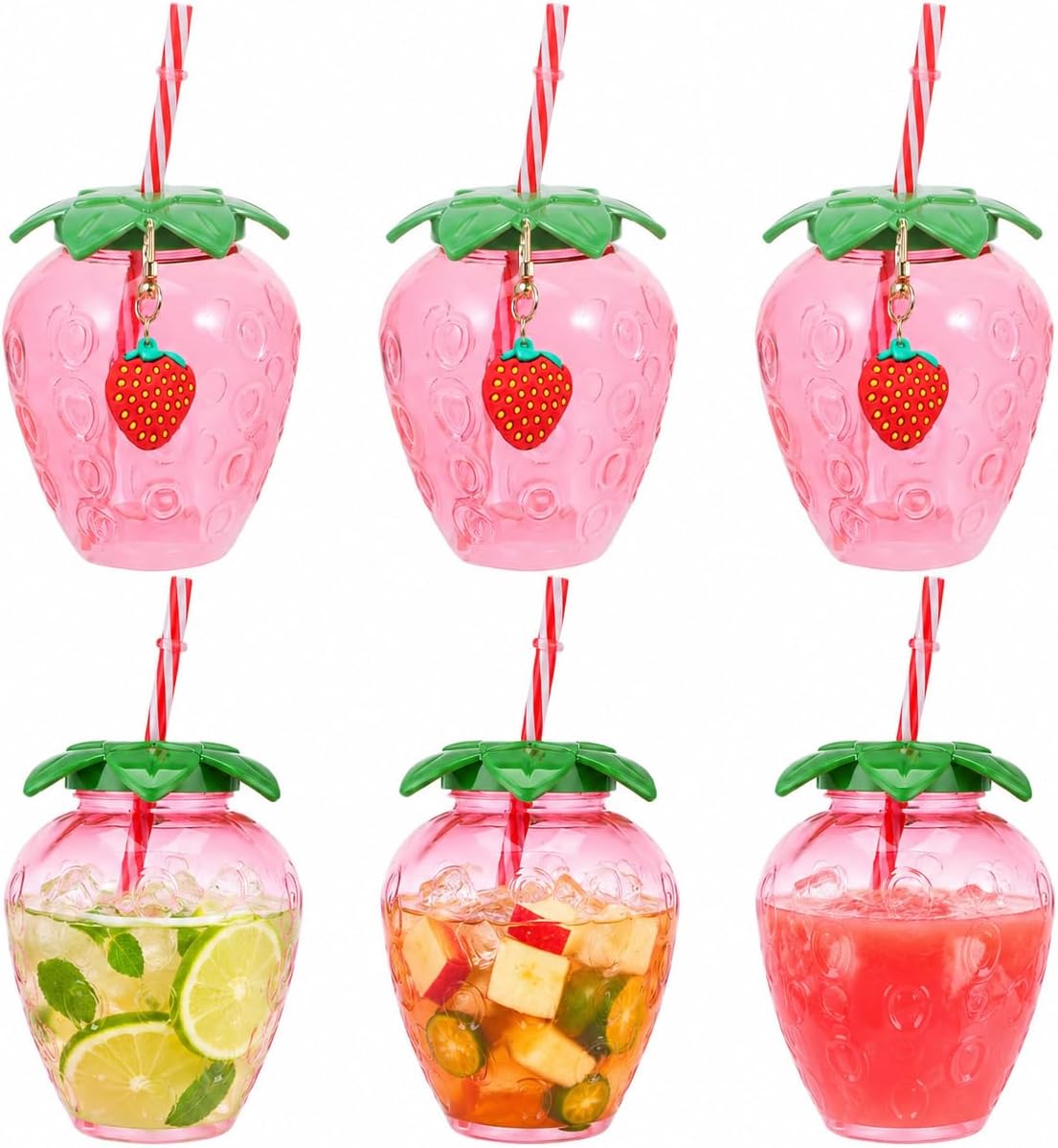 NUOBESTY 6 Pack Strawberry Cups with Lids and Straws, 17oz Kawaii Tumblers, Pink Reusable Drinkware for Girls Berry First Birthday Party Favors